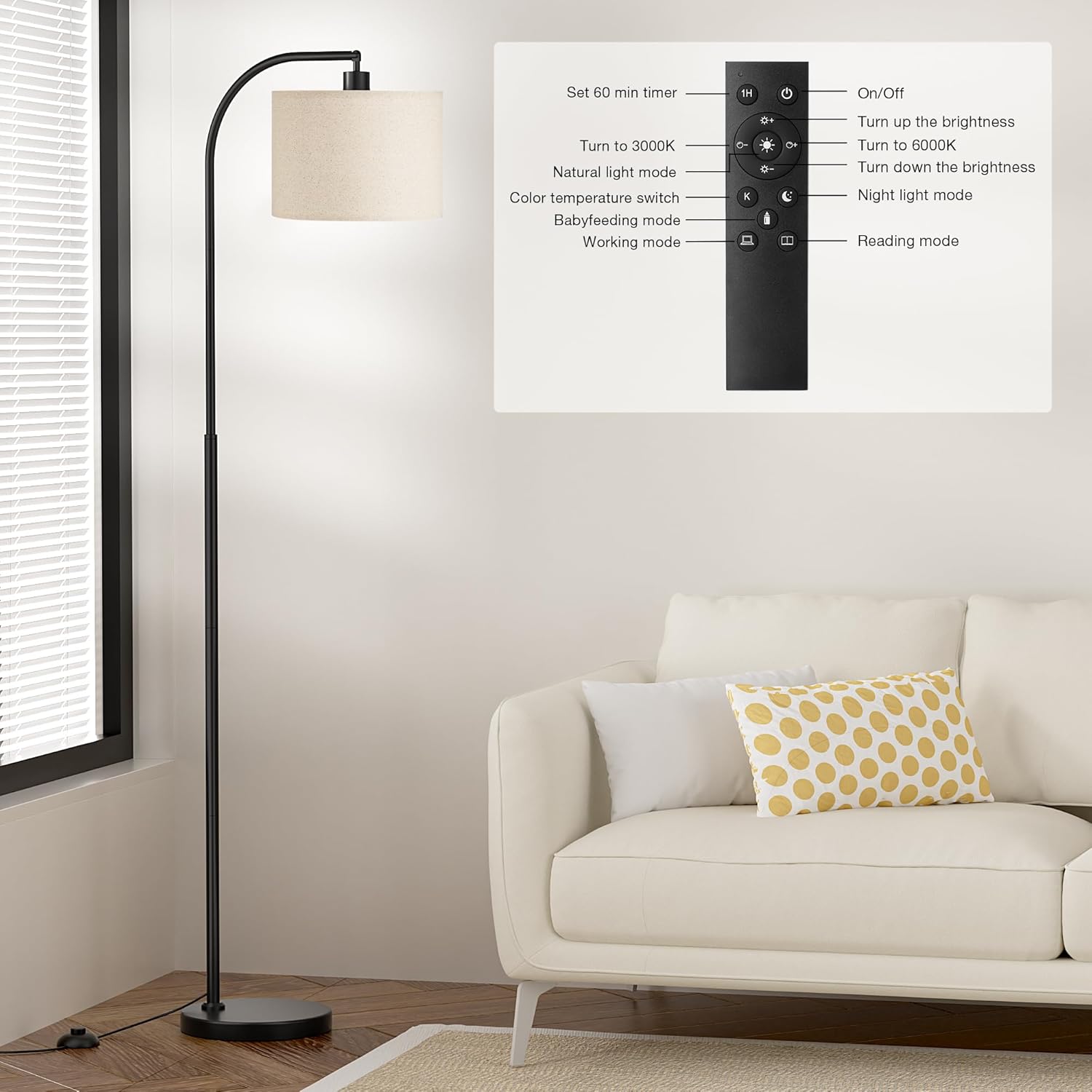 Ambimall Black Arc Floor Lamp with Remote