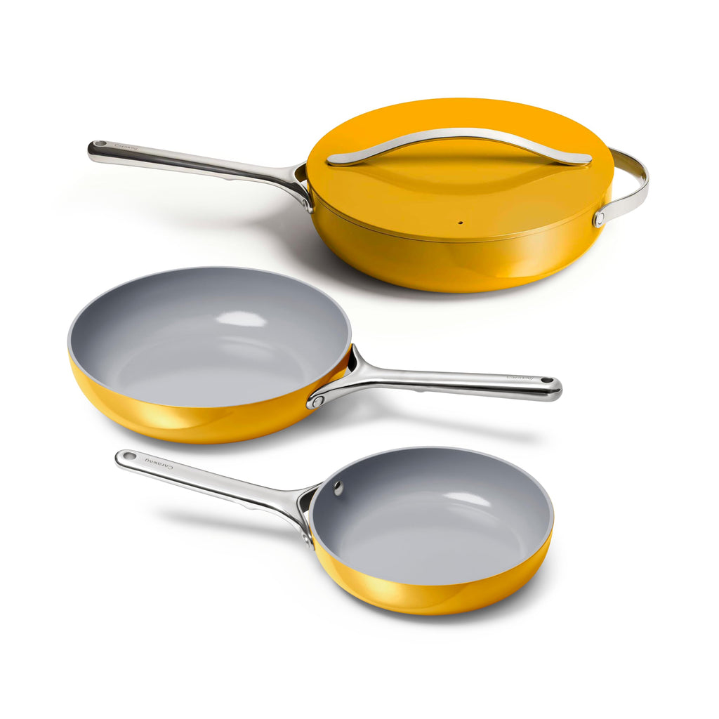Caraway 4-Piece Fry Pan Set - Non-Stick Frying Pans (10.5” & 8”) & Non-Stick Sauté Pan - Non Toxic, PTFE & PFOA Free - Oven Safe & Compatible with All Stovetops (Gas, Electric & Induction) - Cream