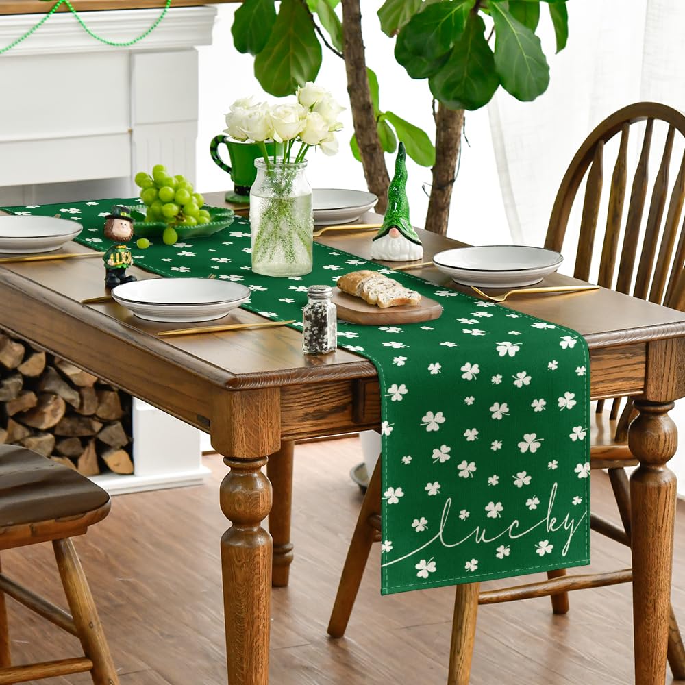Artoid Mode Beige Lucky Shamrock St. Patrick's Day Table Runner, Seasonal Spring Holiday Kitchen Dining Table Decoration for Indoor Outdoor Home Party Decor 13 x 72 Inch