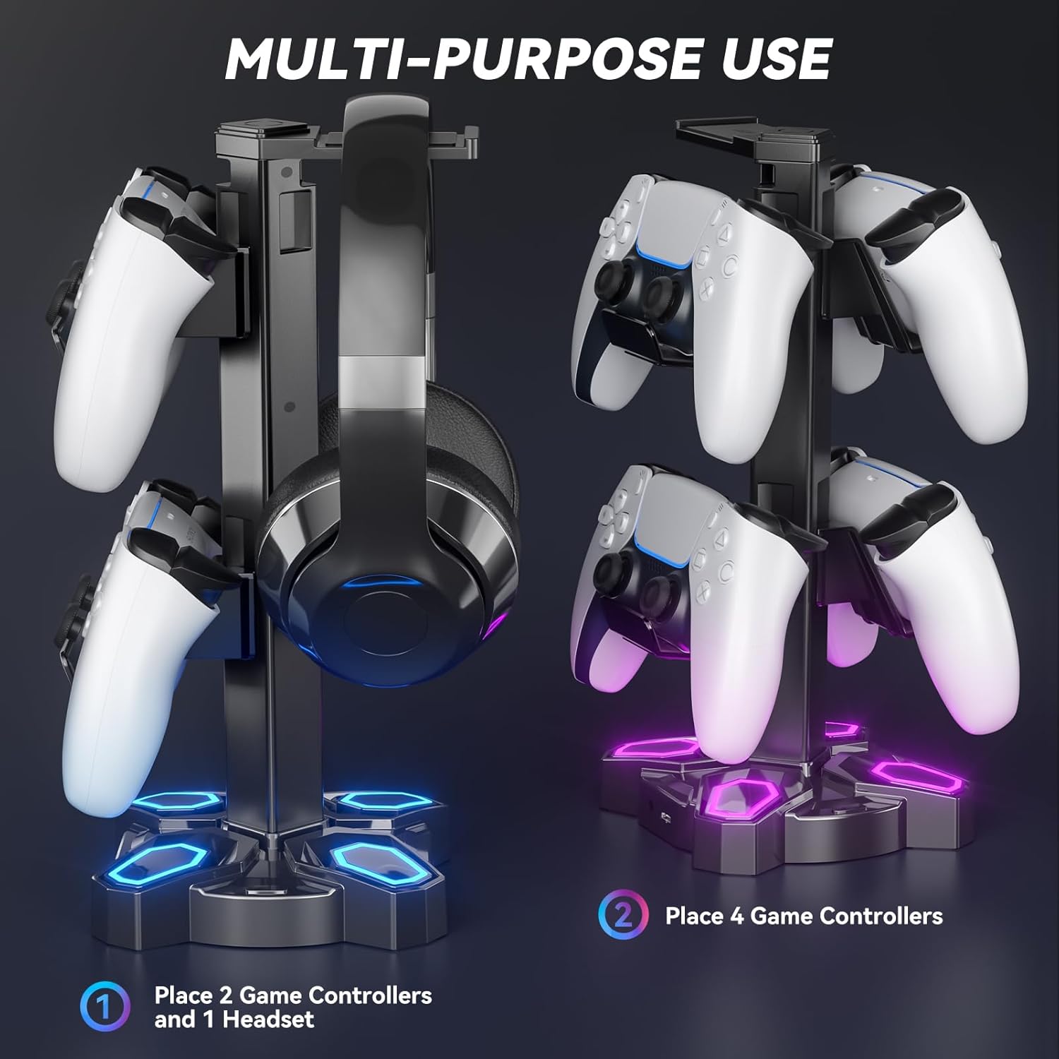 KDD Gaming RGB Headphones Stand & Controller Holder & Headset Holder for Desk - Rotatable Headset Stand with 9 Light Modes
