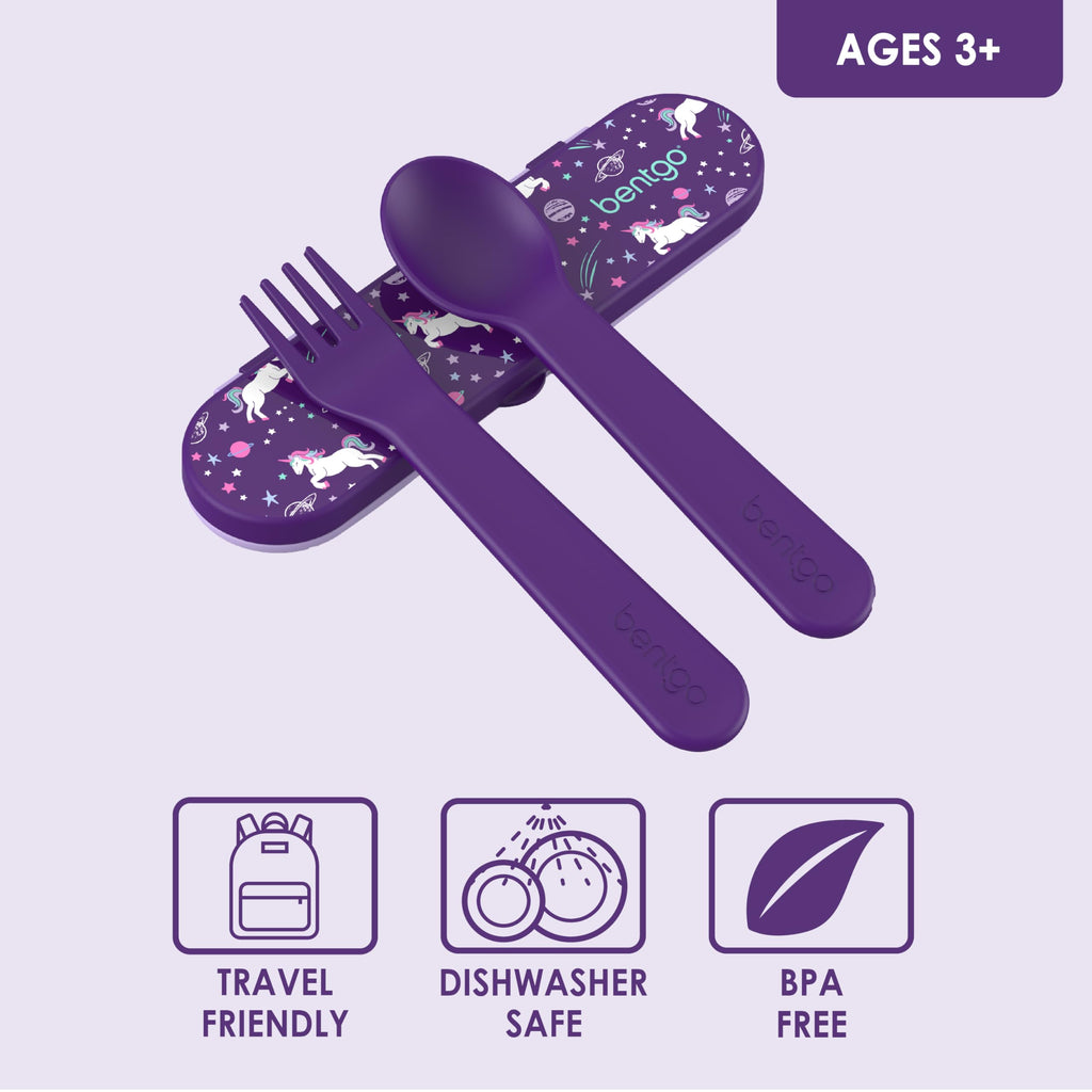 Bentgo Kids Utensil Set - Reusable Plastic Fork, Spoon & Storage Case BPA-Free Materials, Easy-Grip Handles, Dishwasher Safe Ideal for School Lunch, Travel, Outdoors (Rainbows and Butterflies)