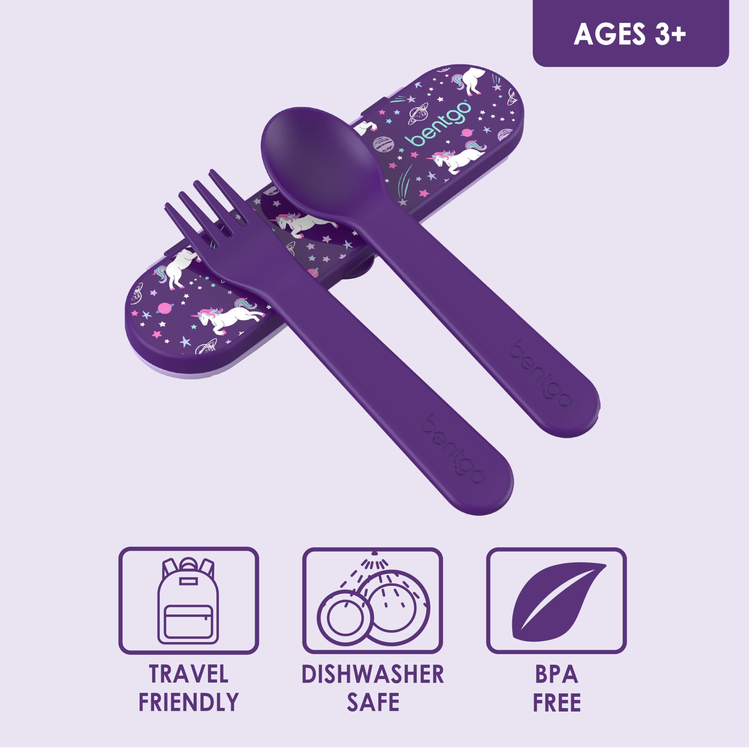 Bentgo Kids Utensil Set - Reusable Plastic Fork, Spoon & Storage Case BPA-Free Materials, Easy-Grip Handles, Dishwasher Safe Ideal for School Lunch, Travel, Outdoors (Rainbows and Butterflies)