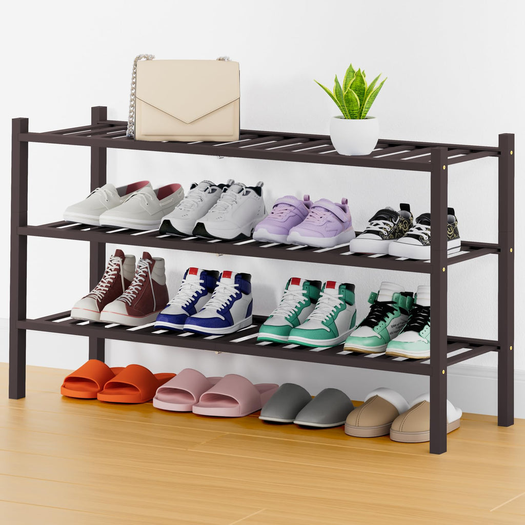 Smiry Shoe Rack, 3 Tier Bamboo Shoe Organizer, Stackable Free Standing Wooden Shoe Storage Shelf for Closet, Entryway, Front Door Entrance, Natural