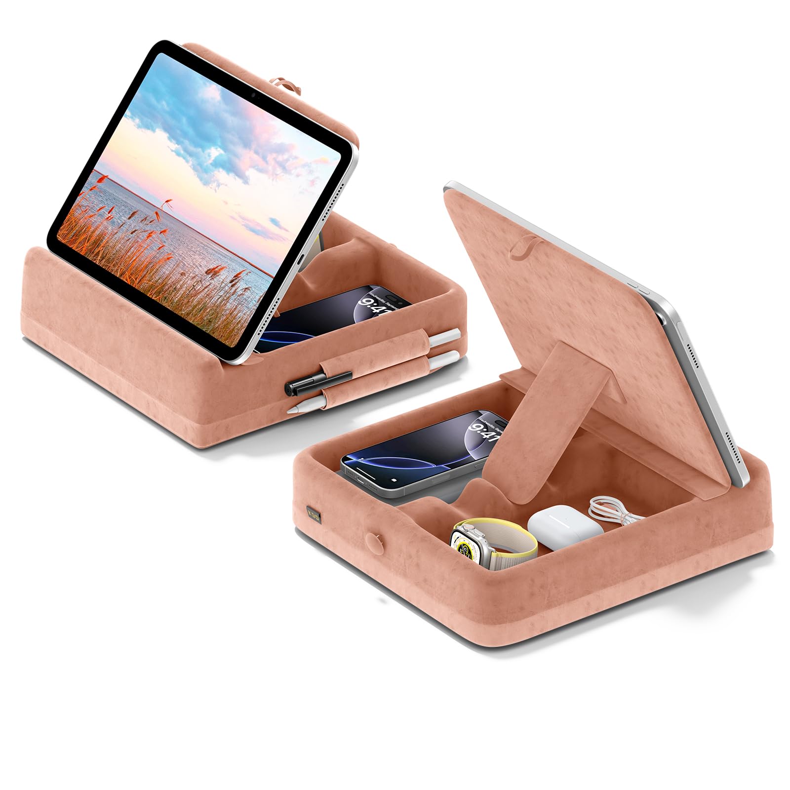 KDD Tablet Pillow Stand with Storage, Foldable iPad Holder for Bed, Lap and Desk, Angle Adjustable Soft Pad Dock with Stylus Mount Compatible with Ipad Pro 12.9, 10.5, 11, Air, Mini, Phones, Books