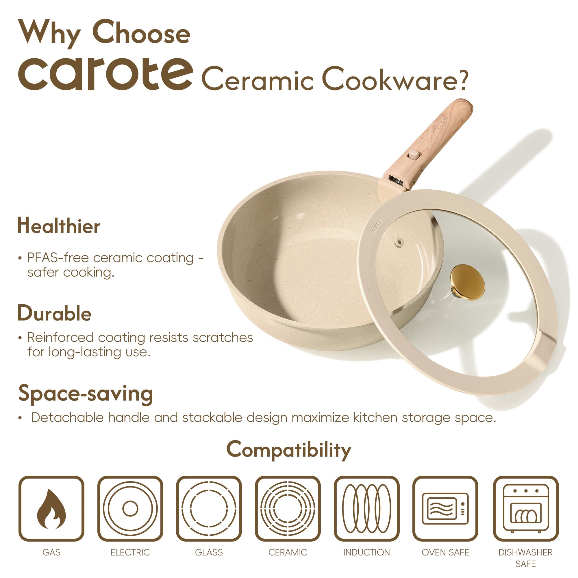 CAROTE 22PCS Pots and Pans set Non Stick, Ceramic Cookware Set, RV Kitchen Cooking Set Removable Handles, Oven Safe, Induction Coolware, Non-toxic Kitchen Cooking Set, PFAS and PFOA Free