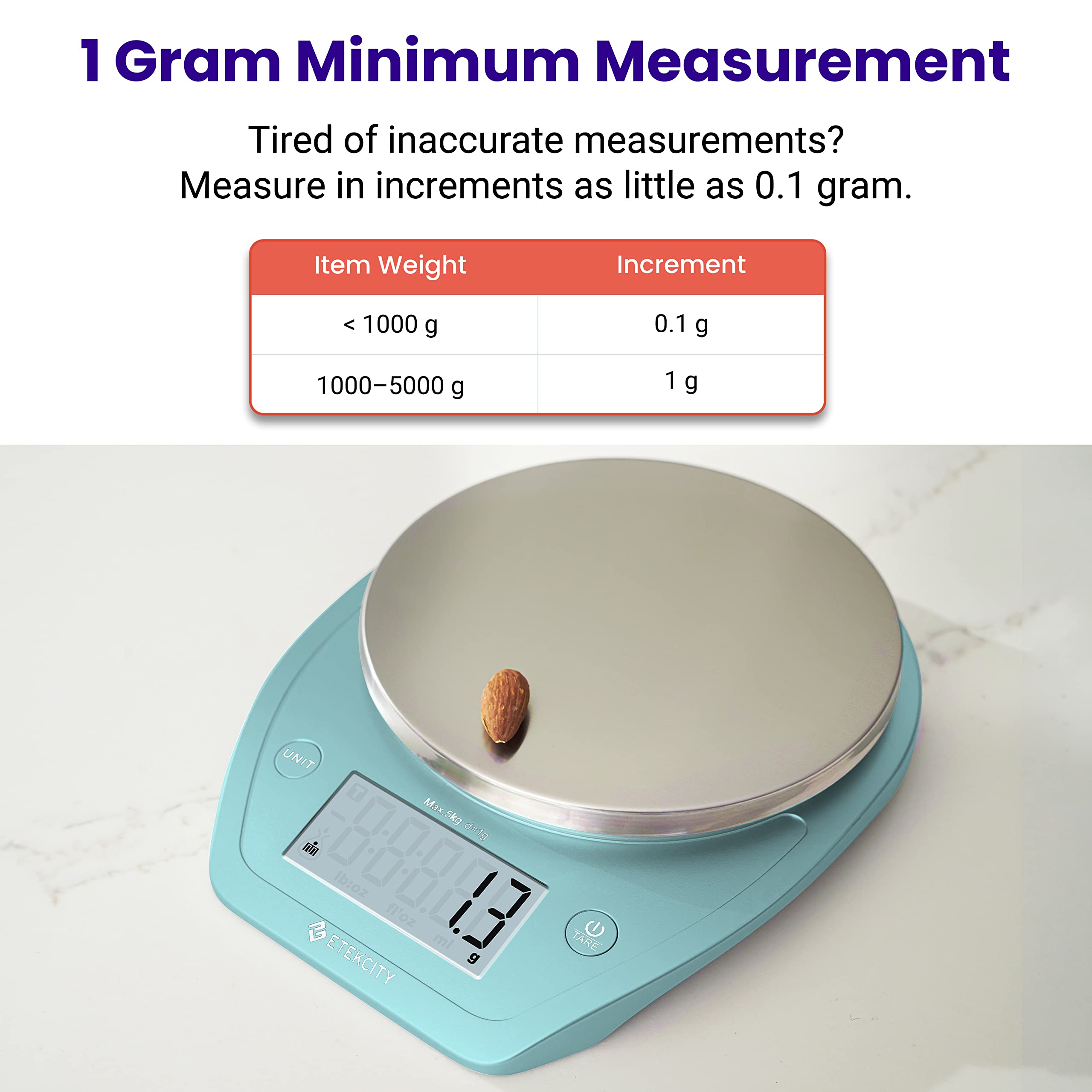 Etekcity 0.1g Food Kitchen Scale, Bowl, Digital Grams and Ounces for Weight Loss, Dieting, Baking, Cooking, and Meal Prep, 11lb/5kg, Stainless Steel Silver