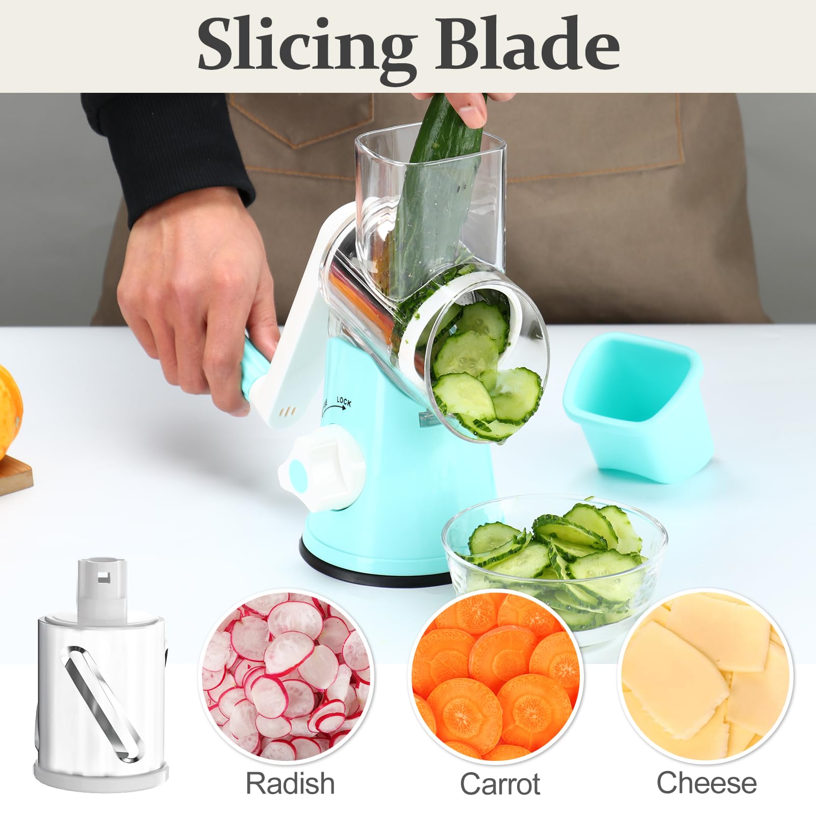 Cambom 5 in 1 Rotary Cheese Grater Hand Crank Cheese Shredder for Fresh Cheese, Vegetable, Nuts,Non-slip Suction Base, Black