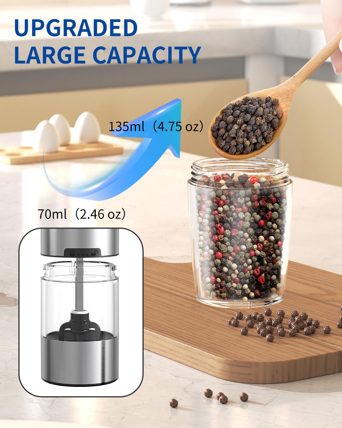 CIRCLE JOY Rechargeable Salt and Pepper Grinder Set Gravity Electric Salt and Pepper Grinder Set, LED Light, Adjustable Coarseness, for Home Kitchen BBQ, Black & White