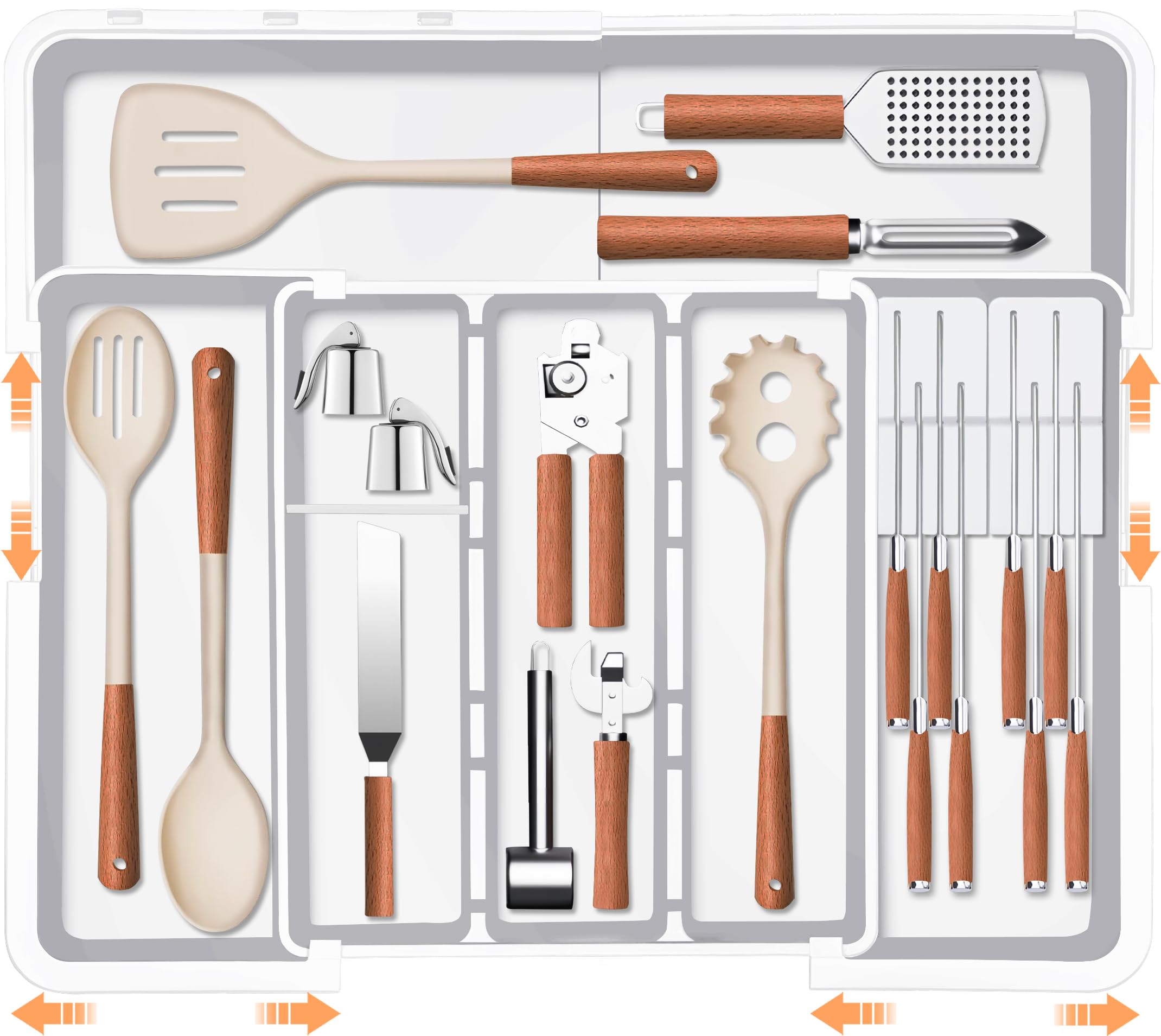 Large Utensil Drawer Organizer for Kitchen, Expandable Silverware Organizer Utensil Holder, Cutlery and Flatware Cooking Tray, Kitchen Drawer Organizers and Storage with Removable Knife Block, Black