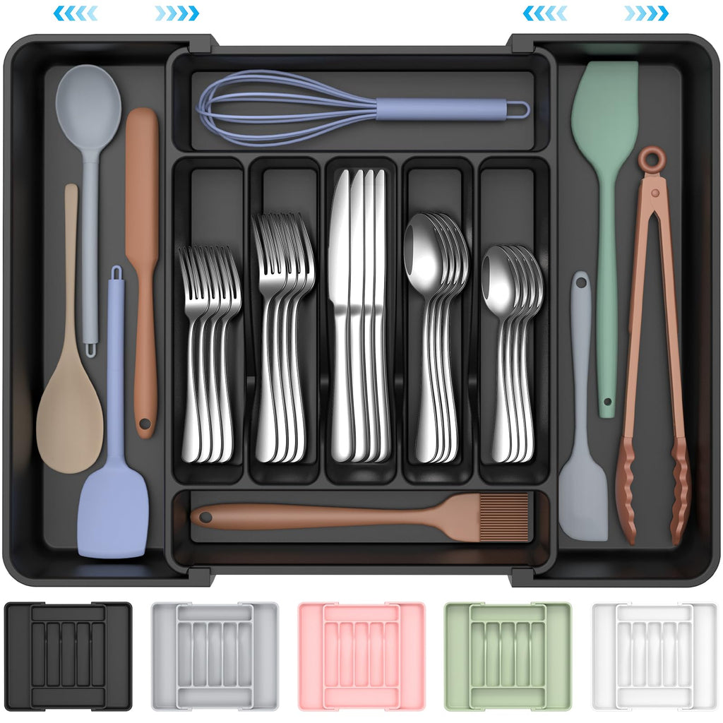 Extra Large Expandable Silverware Organizer, BPA-Free Food-Safe Cutlery Flatware Organizer, Kitchen Utensil Drawer Organizer, Adjustable Silverware Holder for Spoons Forks Knives, Black