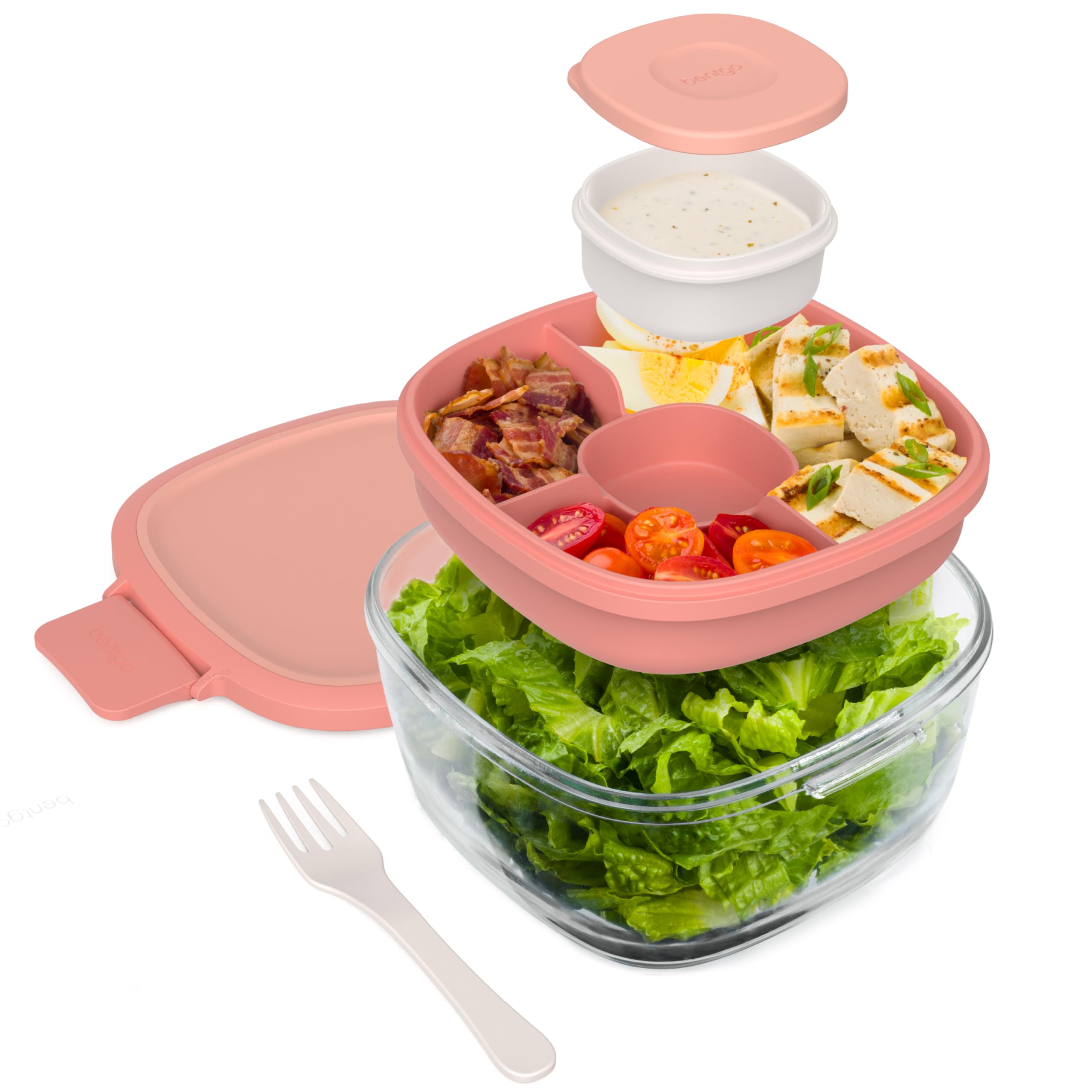Bentgo Glass Salad Container - 7.6-Cup Salad Bowl with Airtight Lid, Leak-Proof Sauce Container, 4-Compartment Bento Tray & Reusable Fork - BPA-Free for Meal Prep, Office & More (Lavender)
