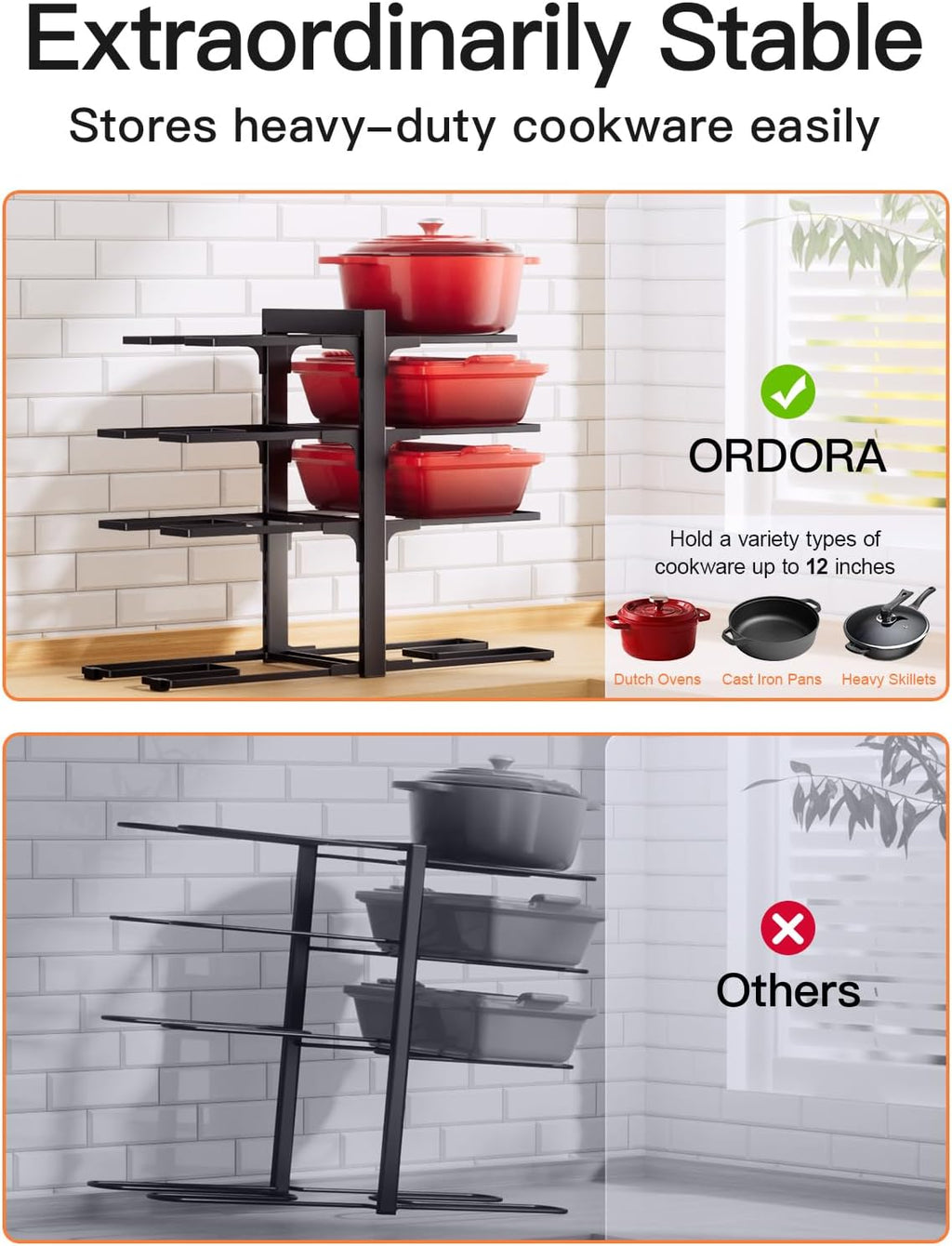 ORDORA 8-Tier Pots and Pans Organizer Rack for Cabinet 15.83" Height & Expandable Large Dish Drying Rack, Stainless Steel Anti-Rust Dish Rack for Kitchen Counter