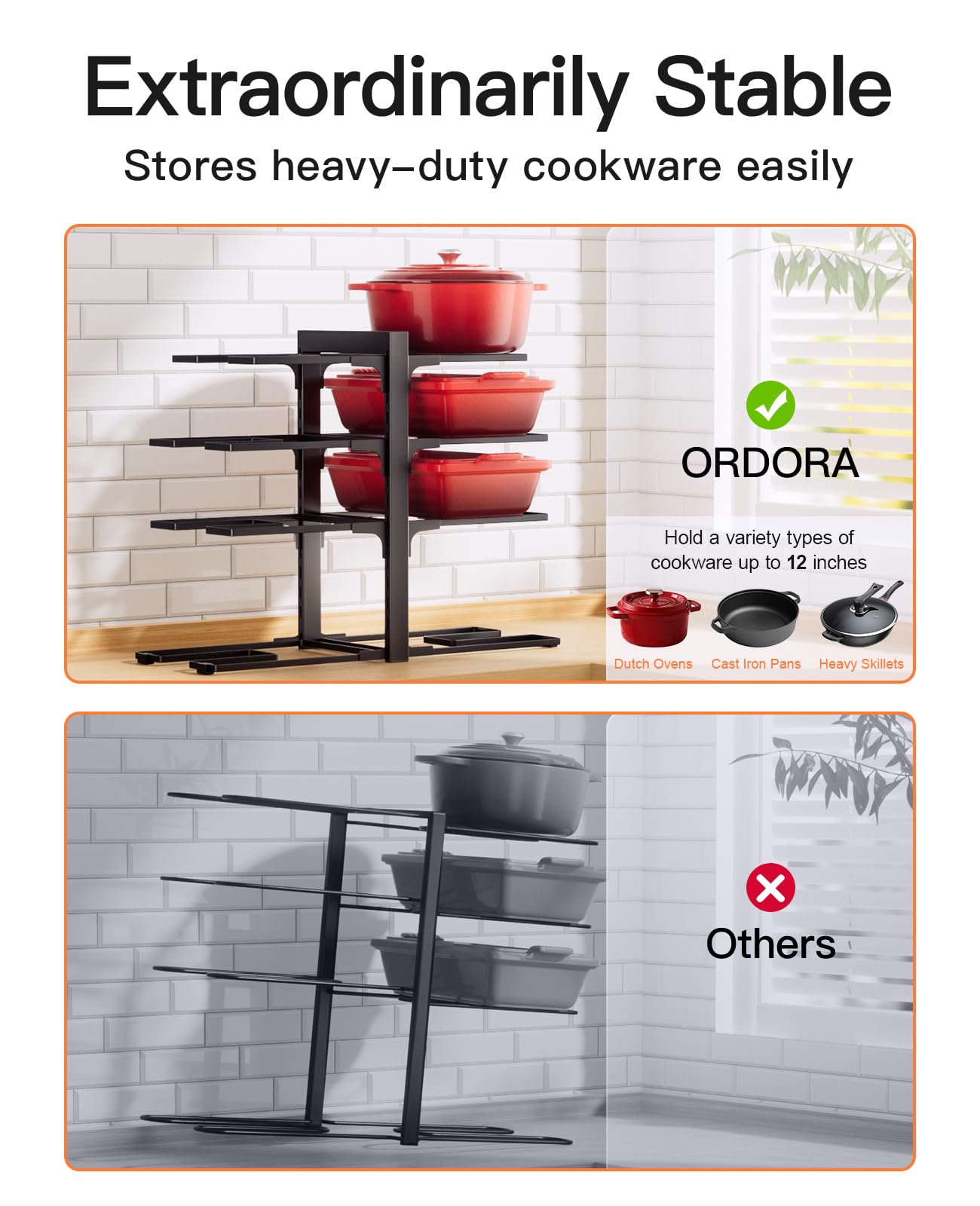 ORDORA Pots and Pans Organizer for Cabinet 16.61 Height, 8 Tier Pot Organizers Rack with 3 DIY Methods, Adjustable Pan Organizer under Cabinet Kitchen Organization and Storage