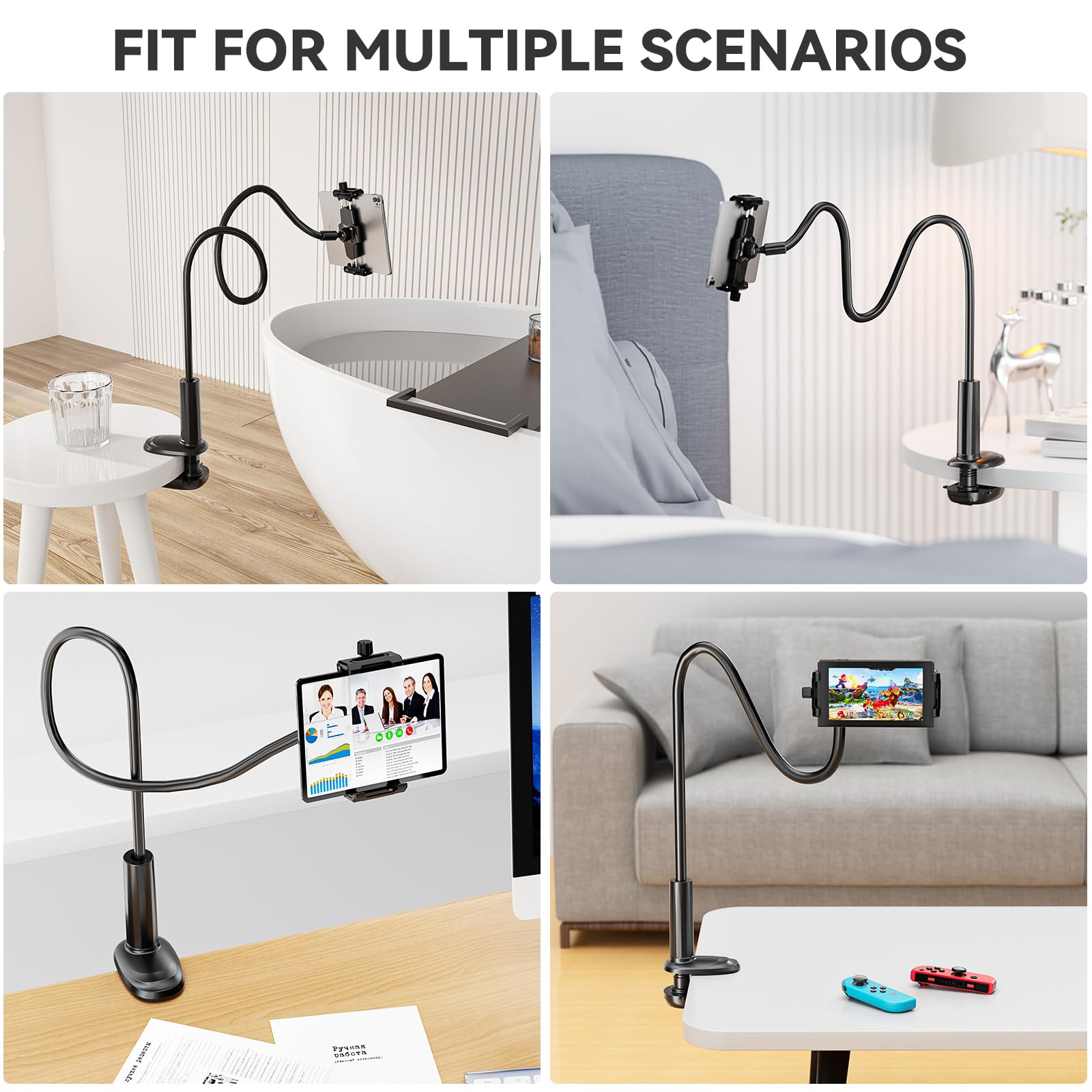 KDD Gooseneck Tablet Stand, 360° Adjustable Phone & iPad Holder for Bed and Desk, Flexible Arm Mount Clip for Video Recording, Bedside & Headboard Clamp for iPad Pro 12.9, Mini, Kindle