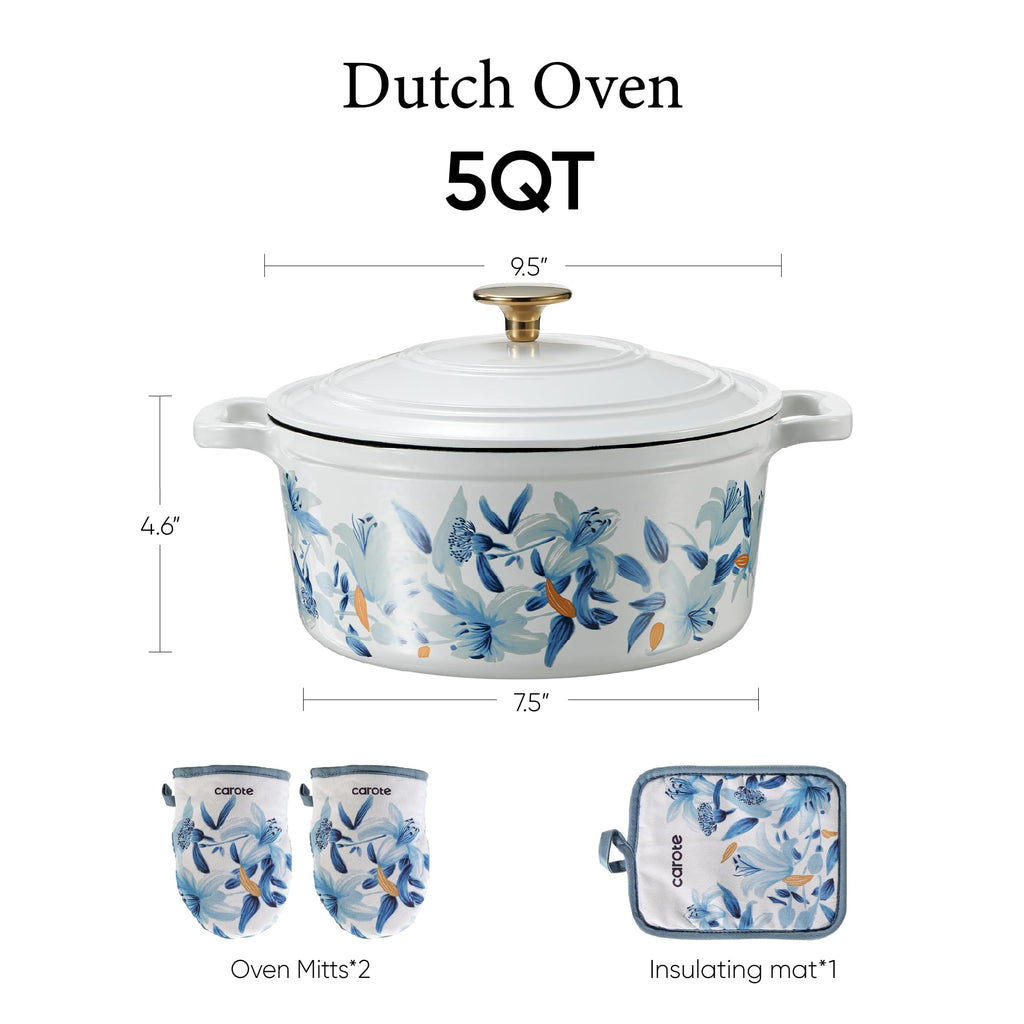 CAROTE 5 QT Cast Iron Dutch Oven Pot with Lid, Enameled Floral Dutch Ovens with Cotton Potholders & Oven Gloves, Gift Box, Cast Iron Pot for Sourdough Bread Baking, Braising, Stews, Roasting, Dual Handles, All Stovetop Compatible, Oven Safe up to 500° F,