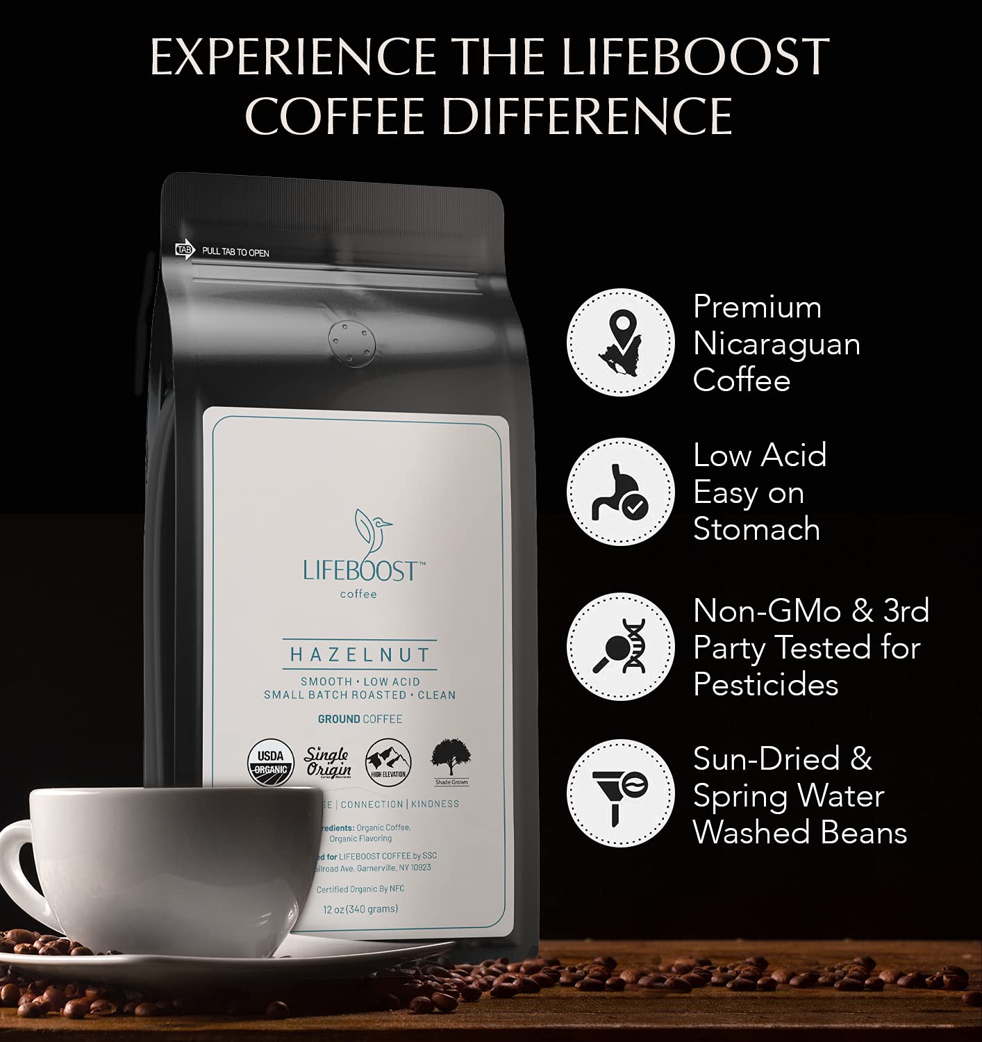 Lifeboost French Vanilla Ground Coffee - Non-GMO Low Acid Single Origin USDA Organic Coffee - Third Party Tested For Mycotoxins & Pesticides - 12 Ounces
