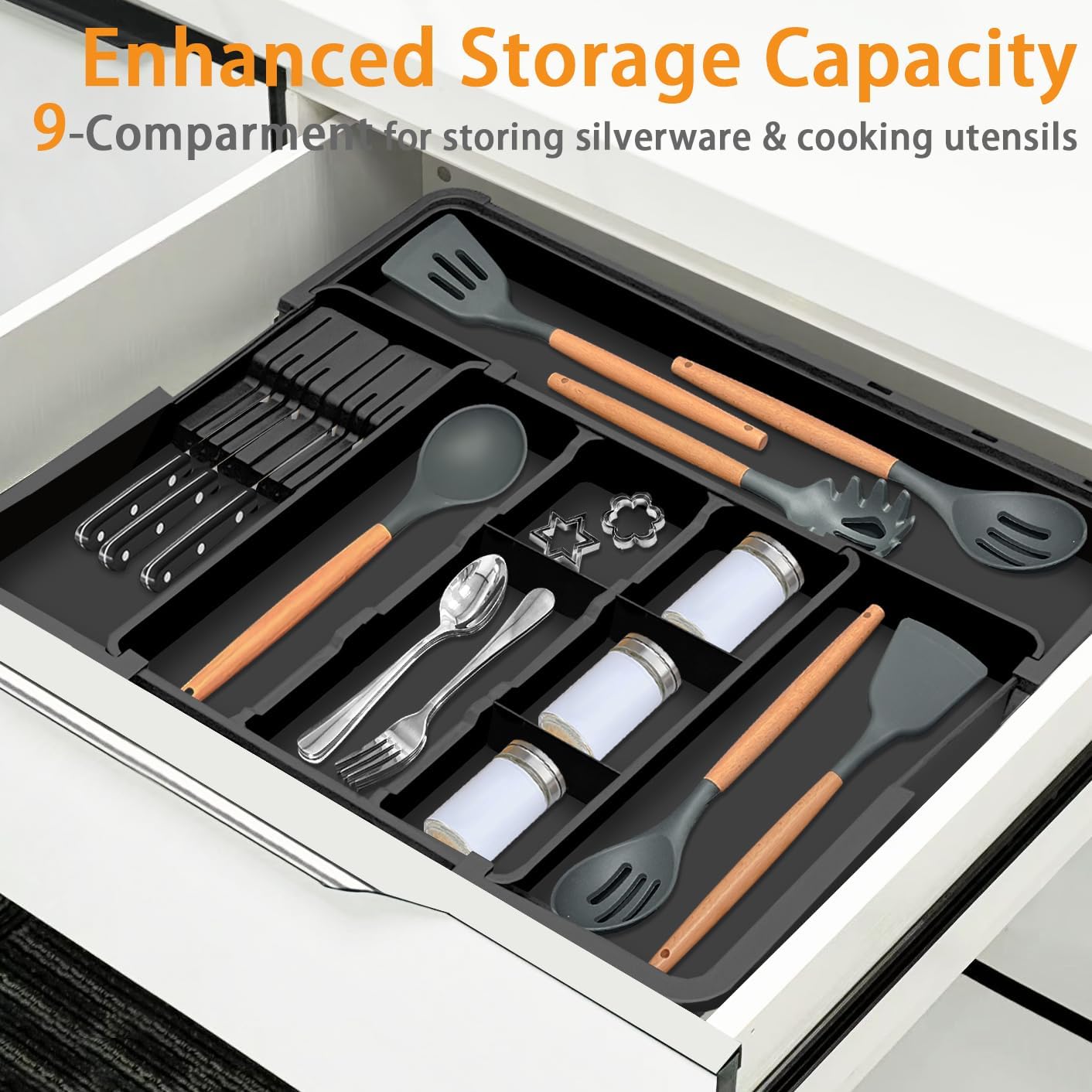 Homecor Silverware Organizer + Utensil Drawer Organizer for Kitchen Black