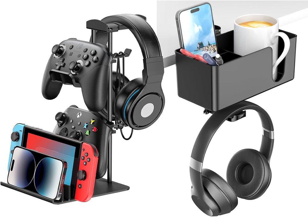 KDD Headphone Stand & Controller Holder & 4 in 1 Desk Cup Holder - Clamp on Under Desk Headphone Hanger