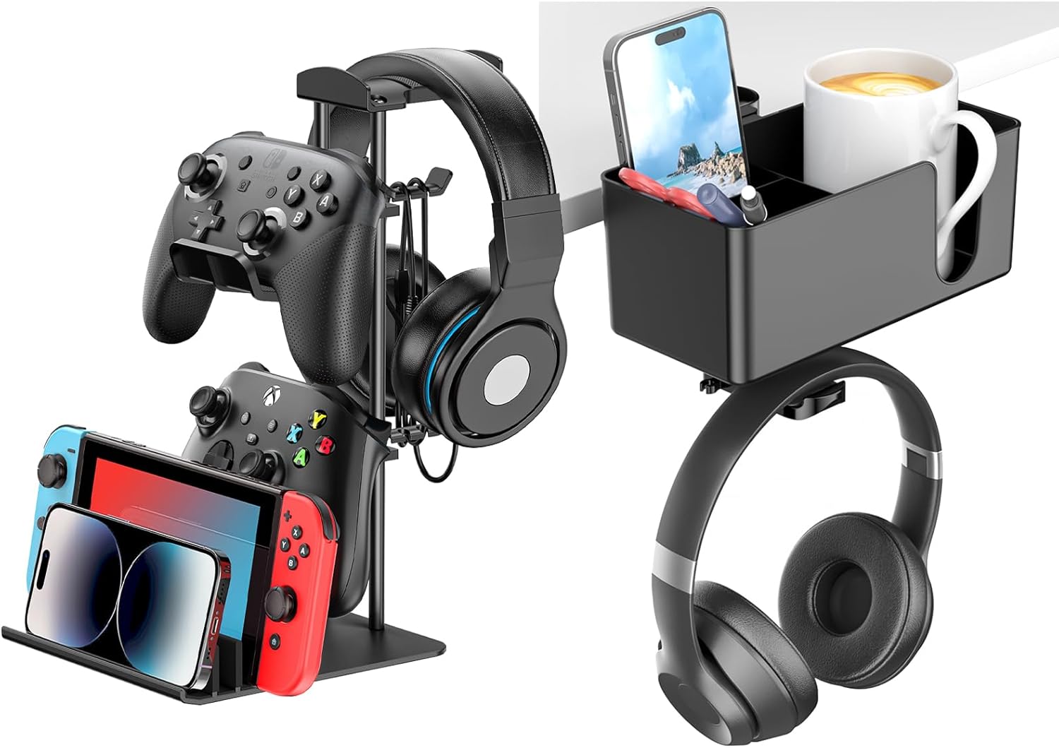 KDD Headphone Stand & Controller Holder & 4 in 1 Desk Cup Holder - Clamp on Under Desk Headphone Hanger