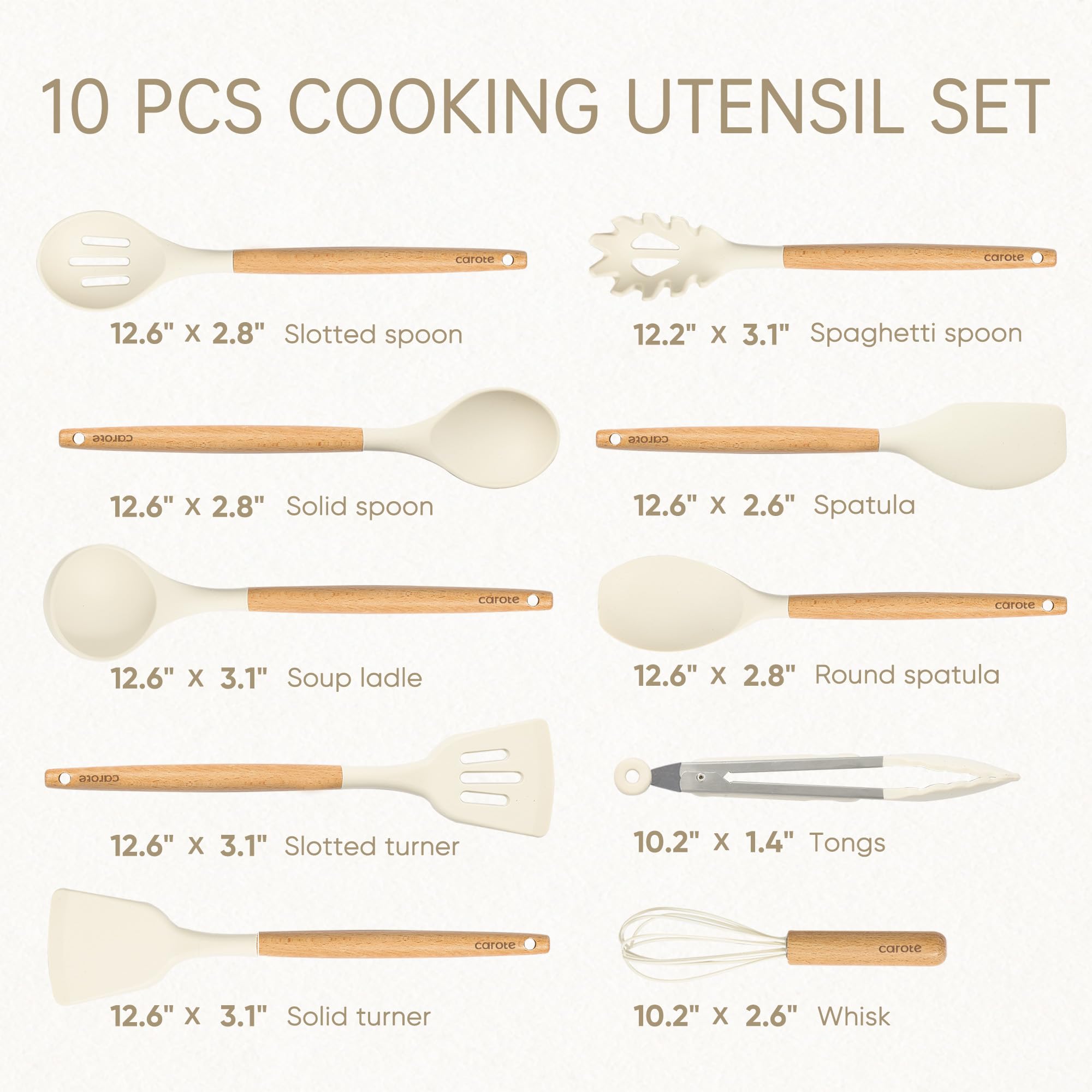 CAROTE Silicone Cooking Utensils Set for Nonstick Cookware, 446°F Heat Resistant Kitchen Utensil Set with Wooden Handle 10pcs, Spatula, Turner, Spoon, Tongs, Whisk