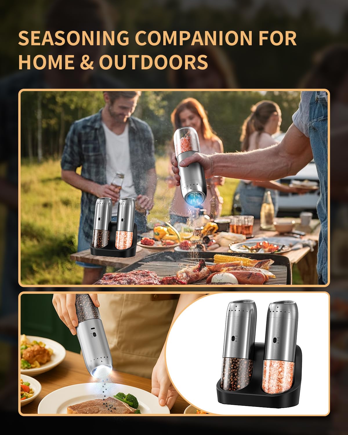 CIRCLE JOY Rechargeable Salt and Pepper Grinder Set Gravity Electric Salt and Pepper Grinder Set, LED Light, Adjustable Coarseness, for Home Kitchen BBQ, Black & White