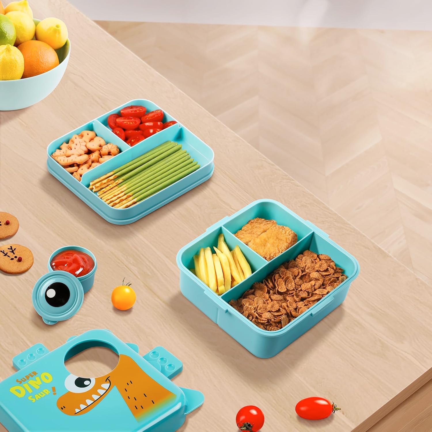 Freshmage 2 Pack Plastic Double-Layer Bento Box Container with 3 Compartments (Bule, Pink)