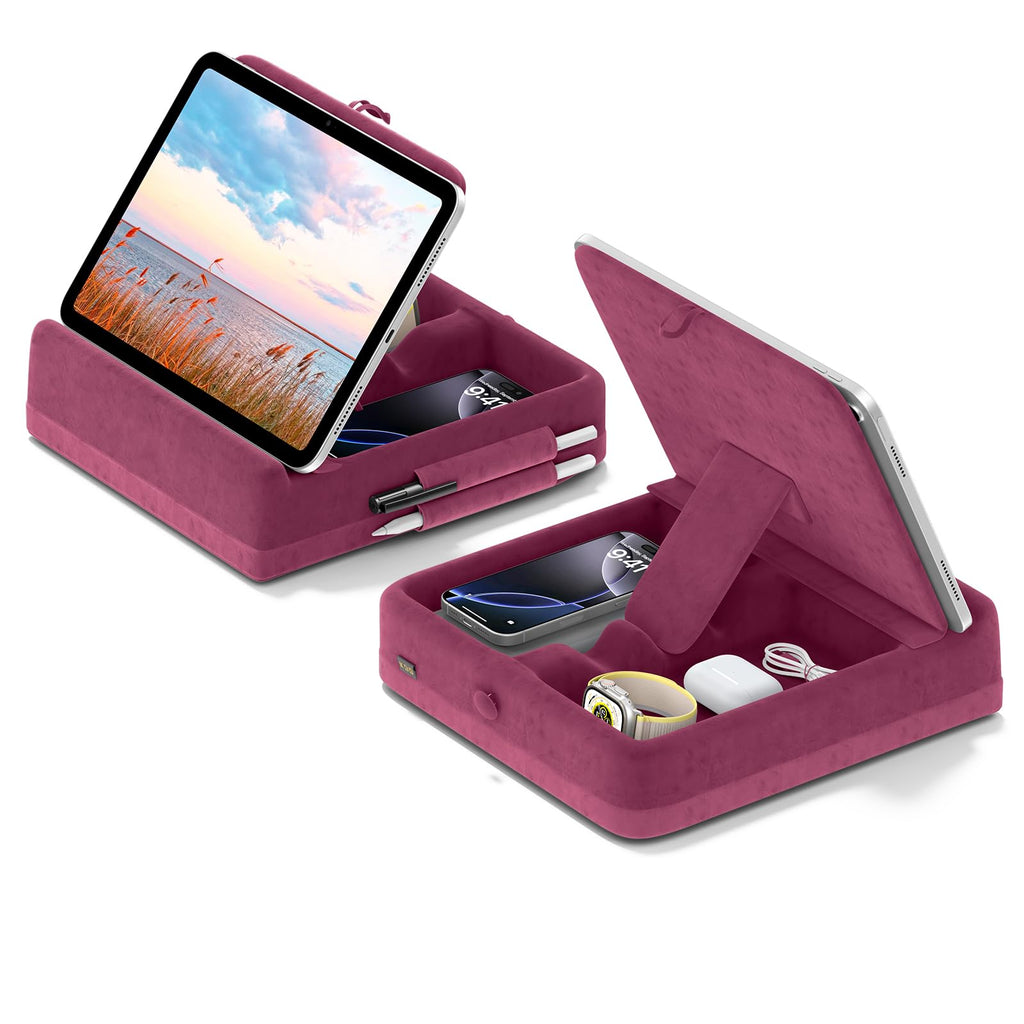 KDD Tablet Pillow Stand with Storage, Foldable iPad Holder for Bed, Lap and Desk, Angle Adjustable Soft Pad Dock with Stylus Mount Compatible with Ipad Pro 12.9, 10.5, 11, Air, Mini, Phones, Books