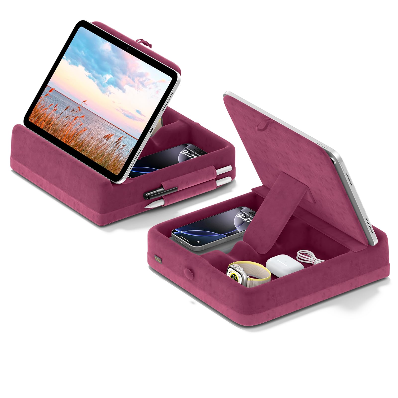 KDD Tablet Pillow Stand with Storage, Foldable iPad Holder for Bed, Lap and Desk, Angle Adjustable Soft Pad Dock with Stylus Mount Compatible with Ipad Pro 12.9, 10.5, 11, Air, Mini, Phones, Books