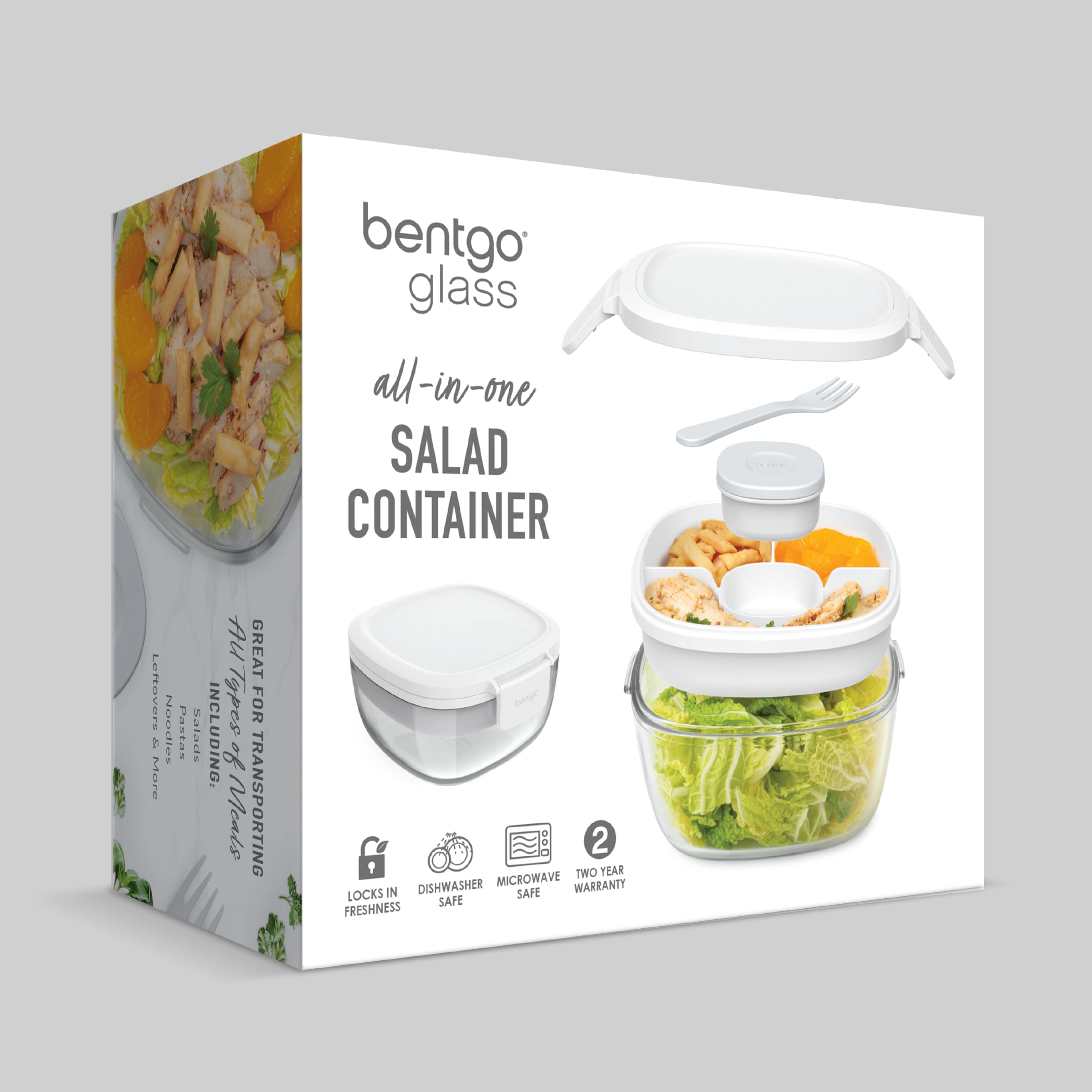 Bentgo Glass Salad Container - 7.6-Cup Salad Bowl with Airtight Lid, Leak-Proof Sauce Container, 4-Compartment Bento Tray & Reusable Fork - BPA-Free for Meal Prep, Office & More (Lavender)