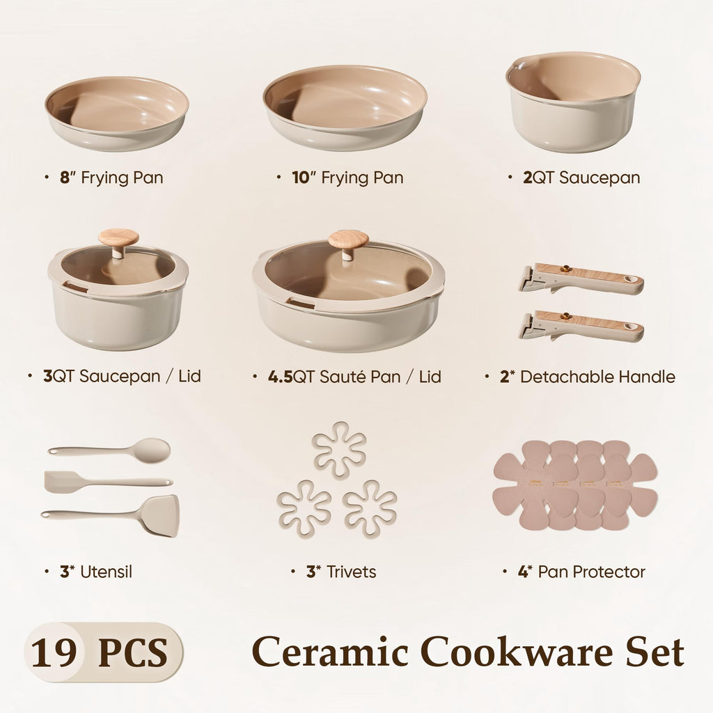 CAROTE 4pcs Ceramic Frying Pans Titanium Non Stick, 8"+10"+12” Frying Pan Egg Pan Omelet Pans with Detachable Handle, Nonstick Cookware, PFOA Free, Induction Compatible & Oven Safe, Dishwasher Safe