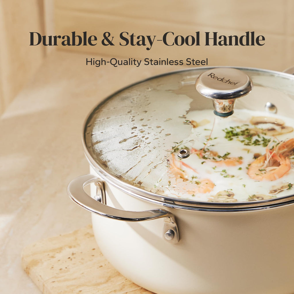 Redchef Ceramic Stock Pot with Lid, Soup Pot for All Stoves, 5 Qt Induction Cooking Pot for Soup Nonstick, Even Heating, Stay-Cool Handles, Oven/Dishwasher Safe, PTFE PFAS Free (Beige)