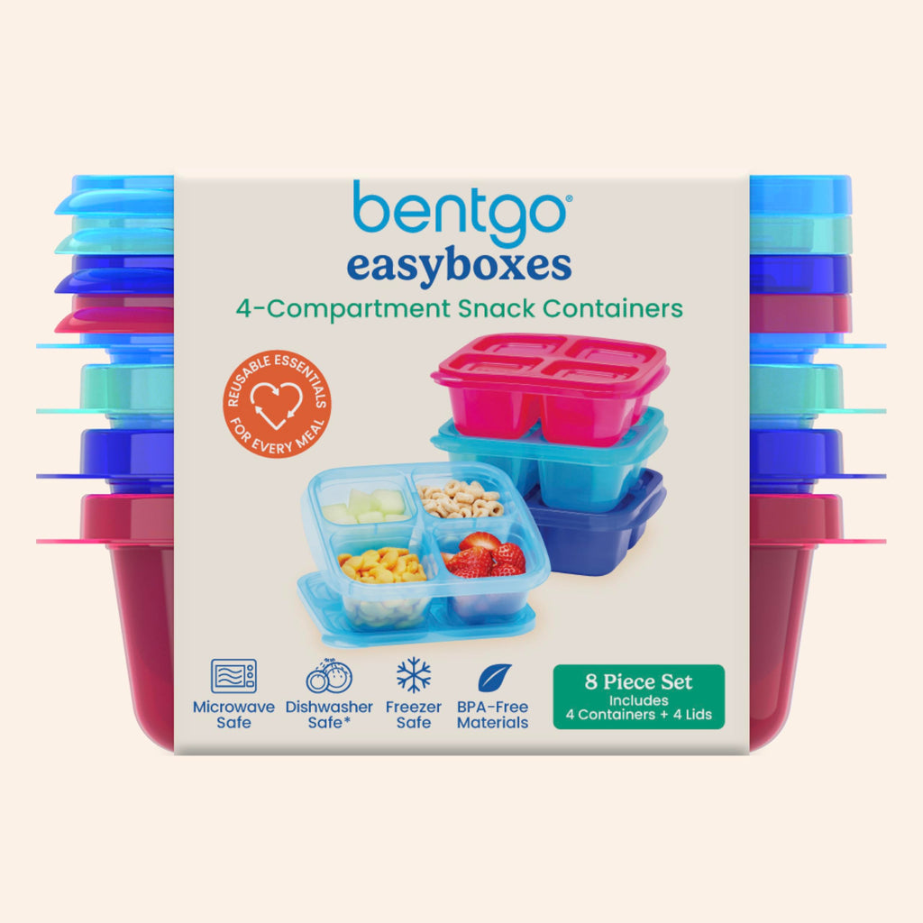 Bentgo Easyboxes 4-Compartment Snack Containers - 8-Piece Set with 4 Trays & 4 Custom-Fit Lids to Seal in Freshness - Reusable Food Storage & Meal Prep Bento BPA-Free Containers (Classic)