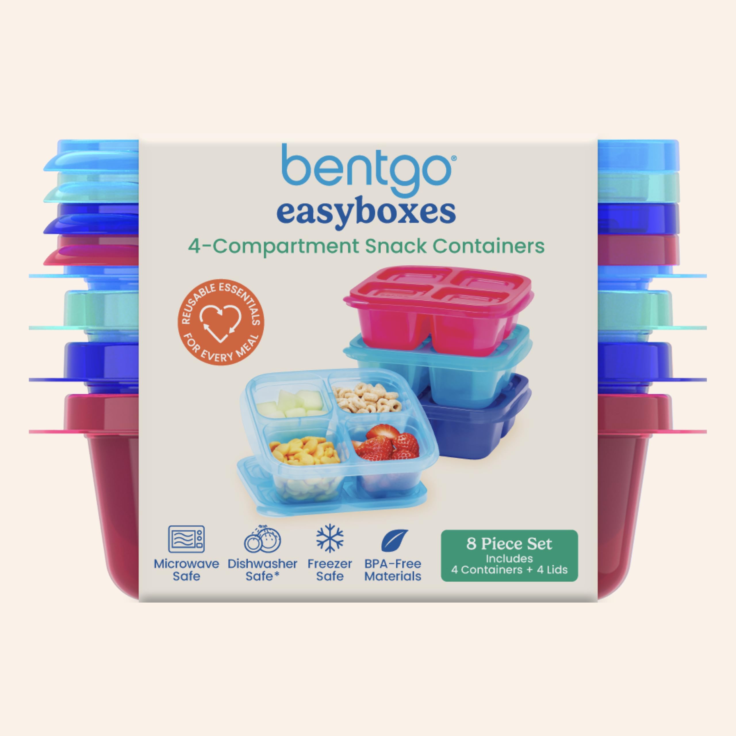 Bentgo Easyboxes 4-Compartment Snack Containers - 8-Piece Set with 4 Trays & 4 Custom-Fit Lids to Seal in Freshness - Reusable Food Storage & Meal Prep Bento BPA-Free Containers (Classic)