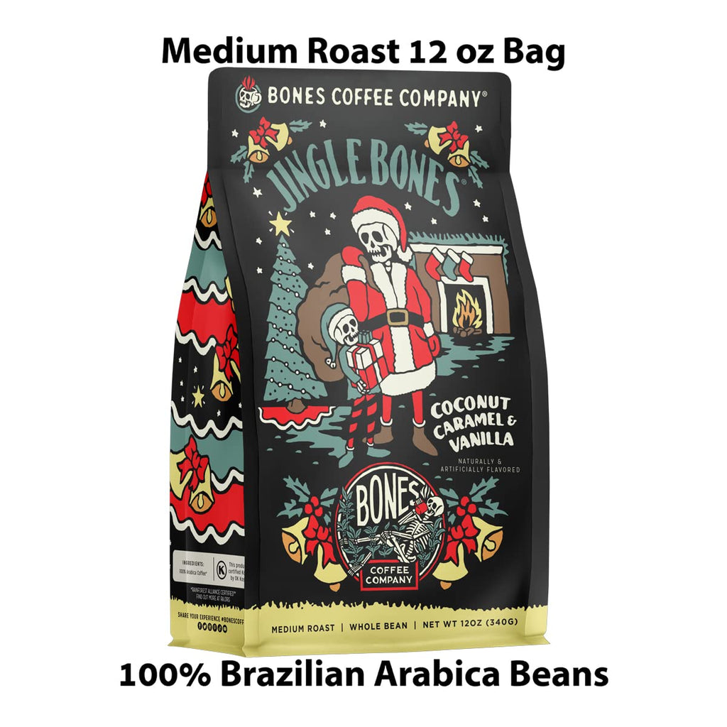 Bones Coffee Company Cinnamon Roll Flavored Coffee, Medium Roast Low Acid Arabica Beans Compatible with Auto drip and French Press Coffee Maker, 12 Oz Whole Bean
