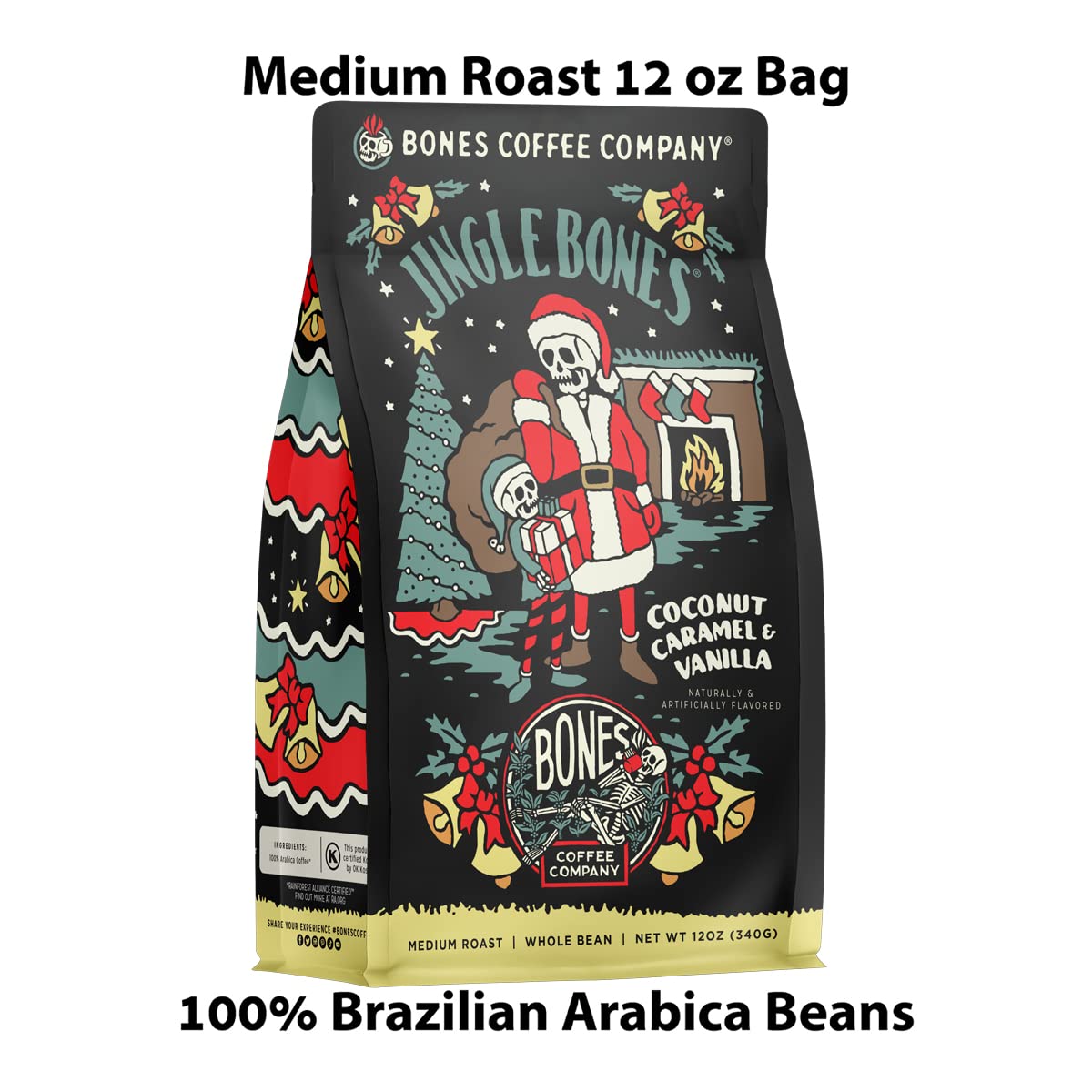 Bones Coffee Company Cinnamon Roll Flavored Coffee, Medium Roast Low Acid Arabica Beans Compatible with Auto drip and French Press Coffee Maker, 12 Oz Whole Bean