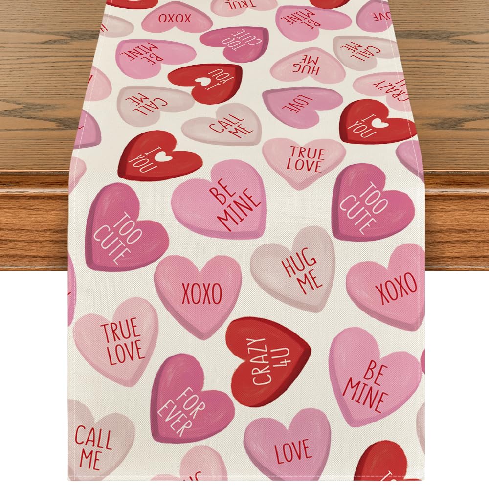 Artoid Mode Ture Love Heart Valentine's Day Table Runner, Seasonal Kitchen Dining Table Decoration for Home Party Decor 13x72 Inch
