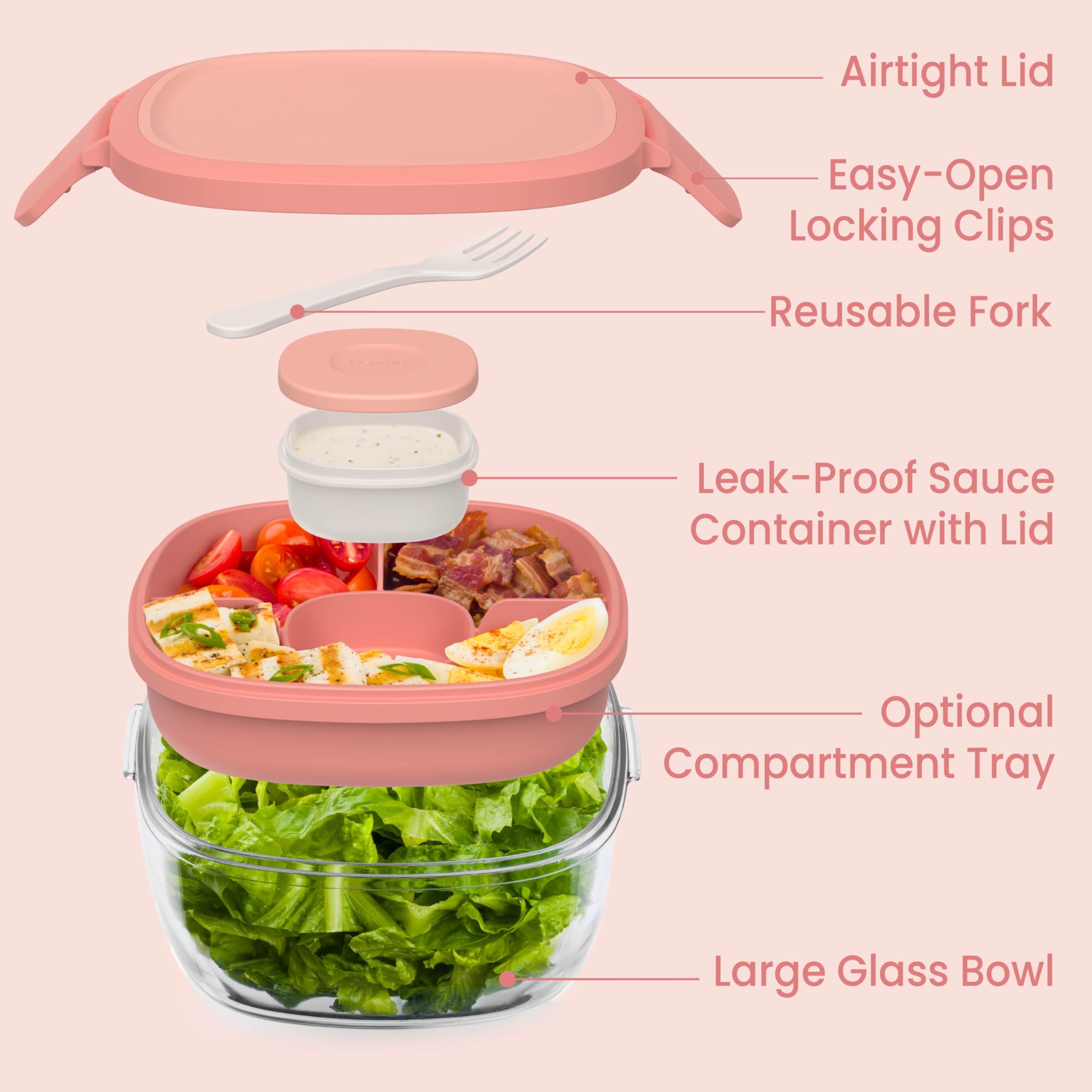 Bentgo Glass Salad Container - 7.6-Cup Salad Bowl with Airtight Lid, Leak-Proof Sauce Container, 4-Compartment Bento Tray & Reusable Fork - BPA-Free for Meal Prep, Office & More (Lavender)