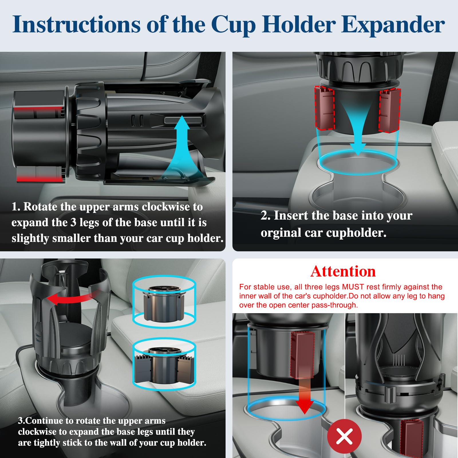 Car Cup Holder Expander, Cup Holder Extender Adapter with Expandable Arm and Adjustable Base, Compatible with Yeti Ramblers 14-64oz, Hydro Flasks 18-64oz Most Coffee Mugs Bottles & Cups