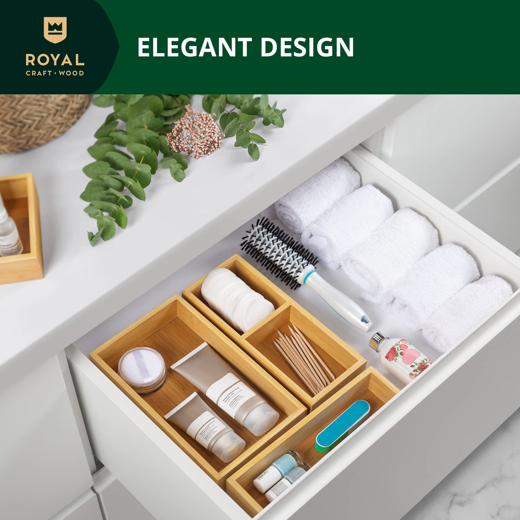 ROYAL CRAFT WOOD 5-Piece Bamboo Drawer Organizer Set – Multi-Use Storage Trays for Kitchen, Bathroom, Office, Makeup, Jewelry & More – Junk Drawer Tray, Utensil Holder, Storage Box & Bin Set (5 Boxes)