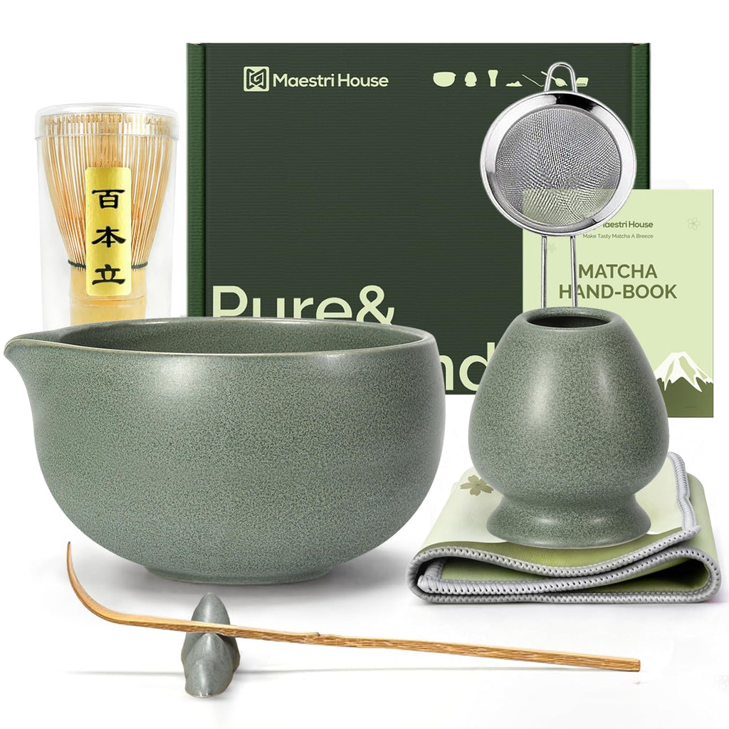 Maestri House Pink Matcha Whisk Set, 7-Pc Complete Matcha Kit with Spouted Ceramic Bowl, Bamboo Whisk and Holder, Scoop, Spoon Rest & Sifter, Tea Cloth – Ideal Gift for Matcha Lovers (Pink)