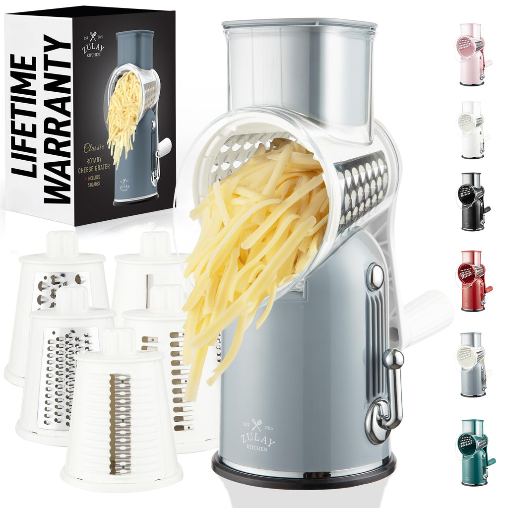 Zulay Kitchen Rotary Cheese Grater 5 Blade Cheese Shredder - Manual Hand Crank Cheese Grater With Reinforced Suction & 5 Interchangeable Drums - Easy to Use, Vegetable Chopper Round Mandoline Slicer