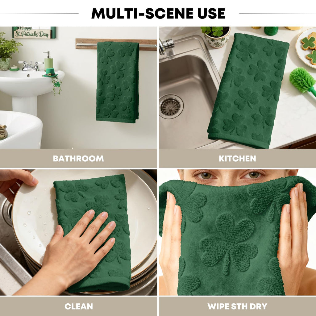 Artoid Mode 2 Pcs Dark Green 3D Shamrock Jacquard Patrick Hand Towels for Bathroom, 100% Cotton Soft Absorbent Bathroom Decor Towels, 13.7 x 29.5 Inch
