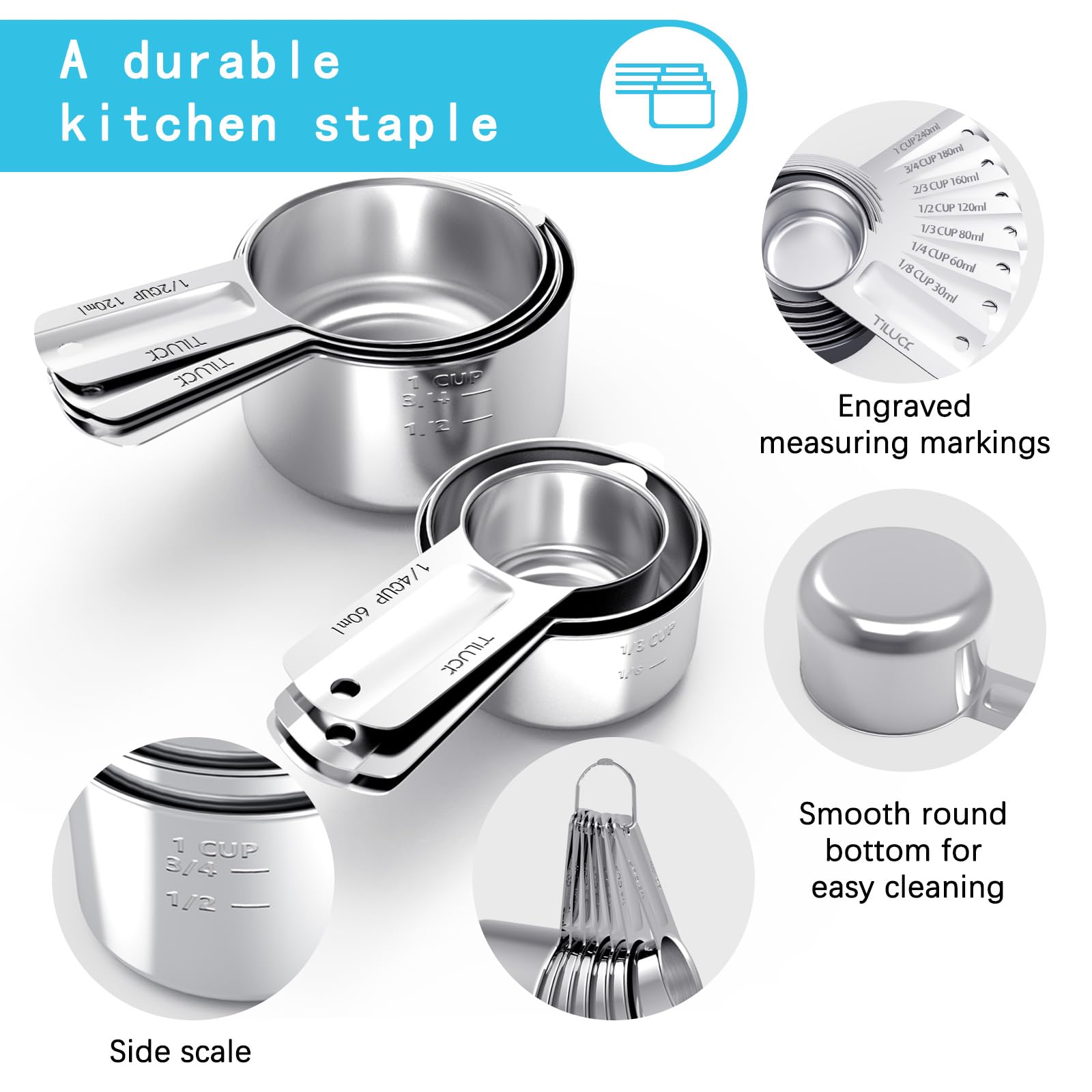 TILUCK Stainless Steel Measuring Cups Set,Kitchen Gadgets for Cooking & Baking,Set of 5