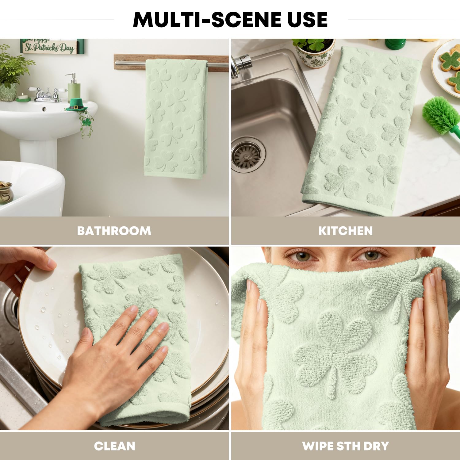 Artoid Mode 2 Pcs Dark Green 3D Shamrock Jacquard Patrick Hand Towels for Bathroom, 100% Cotton Soft Absorbent Bathroom Decor Towels, 13.7 x 29.5 Inch