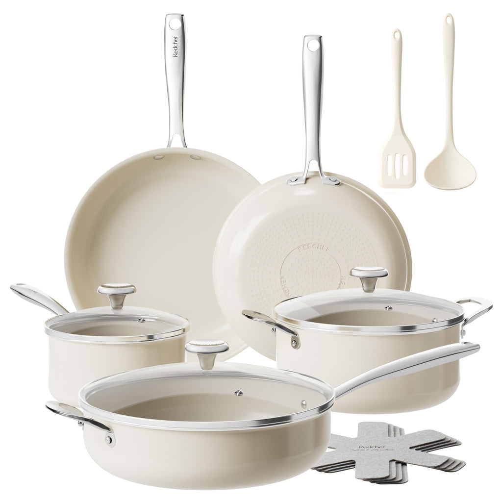 Redchef Ceramic Nonstick Cookware Set,14pcs Pots and Pans Set Non Stick,Induction Cookware with Stainless Steel Handle,Non Toxic Kitchen Cooking Set,Dishwasher & Oven Safe,PFAS PFOA & PTFE Free