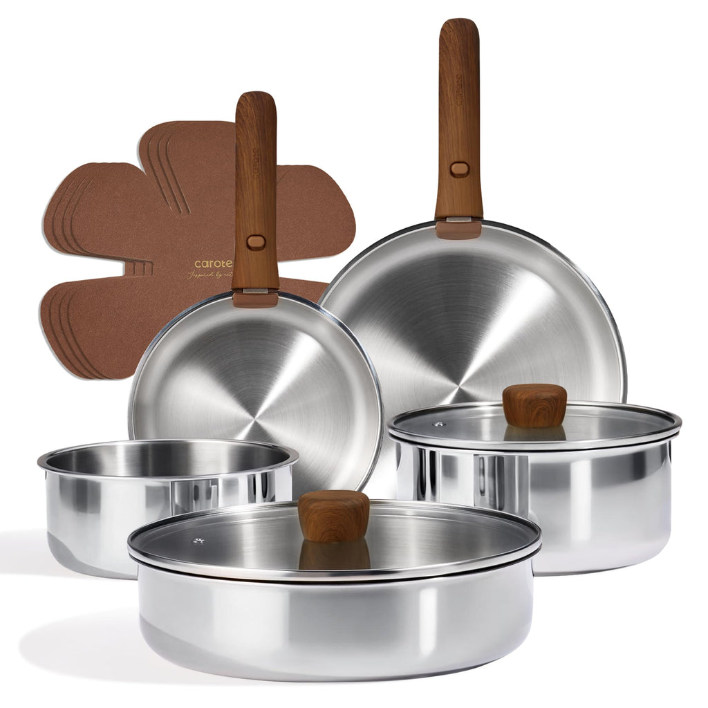 CAROTE 19pcs Stainless Steel Cookware Set with Detachable Handle, Pots and Pans Set, Induction Kitchen Cooking Sets, RV/Camping Cookware, Removable Handle, Oven Safe, Woodgrain