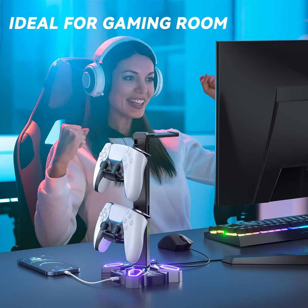 KDD Gaming RGB Headphones Stand & 4 in 1 Desk Cup Holder - Rotatable Headset Stand with 9 Light Modes - Clamp on Under Desk Headphone Hanger