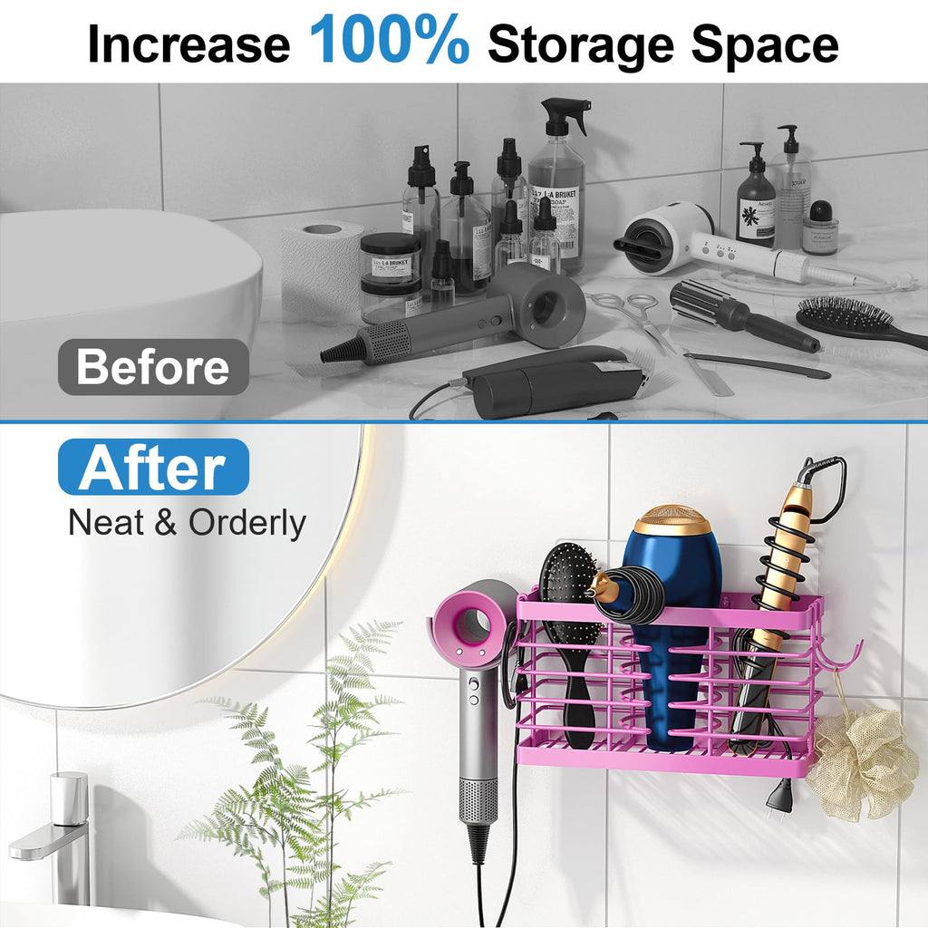 Hair Tool Organizer, 2026 Upgraded 3-in-1 Universal Hair Dryer Holder, Adjustable Height Metal Blow Dryer Holder Wall Mounted/Over Cabinet Door/Free-Standing (Black)