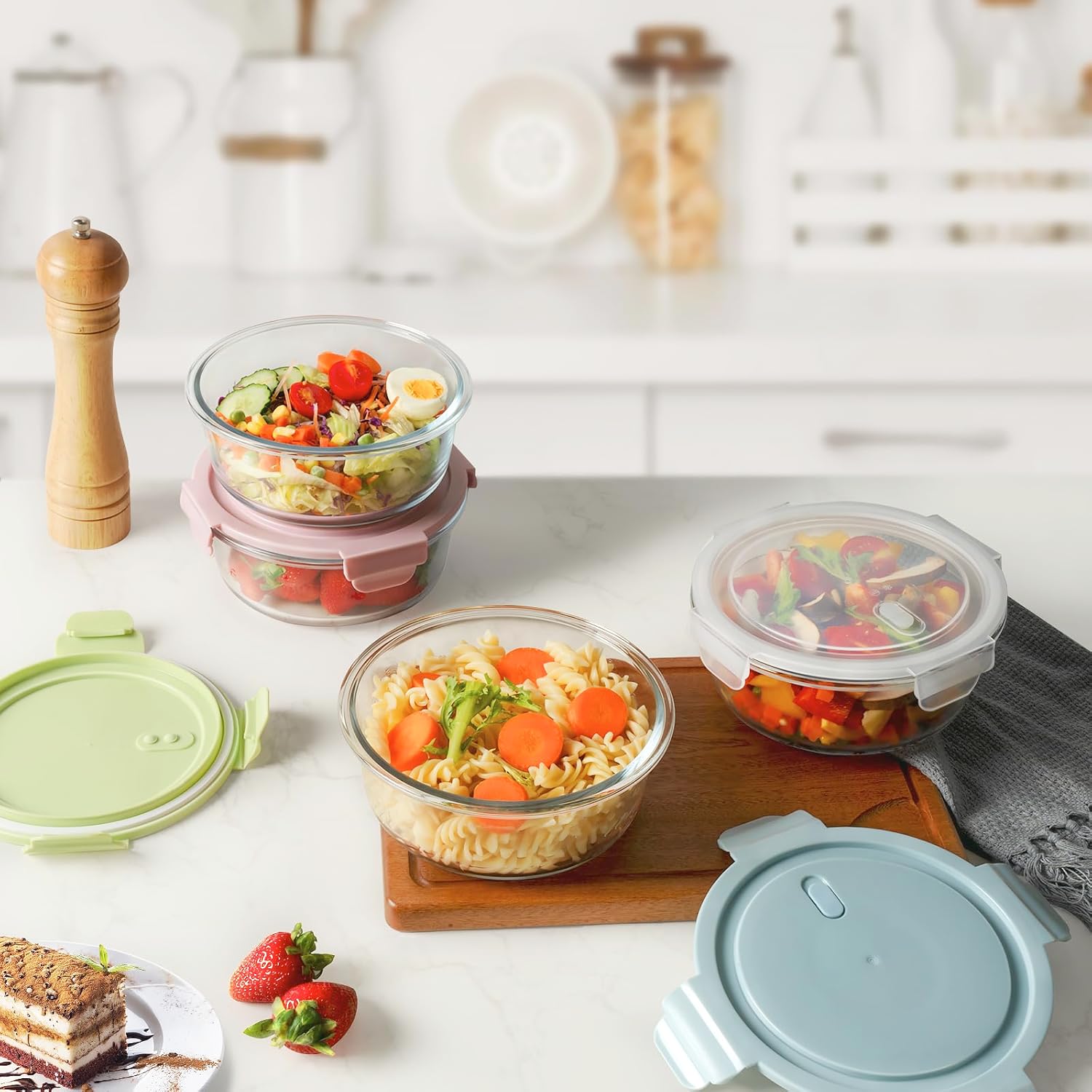 Freshmage 4 Pack 30oz Glass Food Storage Containers with Lids and 4 Pack 20oz Glass Meal Prep Containers with Lids, Heat-Resistant BPA-Free, Microwave, Oven, Dishwasher, and Freezer Safe