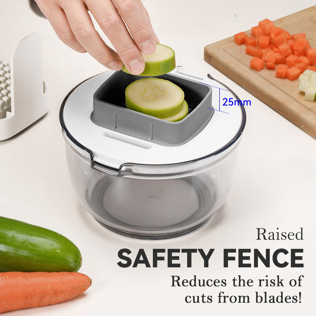 KEOUKE Multifunctional Vegetable Chopper White - 3 Interchangeable Blades Potato French Fry Cutter with Container & Storage Box Food Chopper Dicer for Cucumber, Tomato, Carrot, Onion
